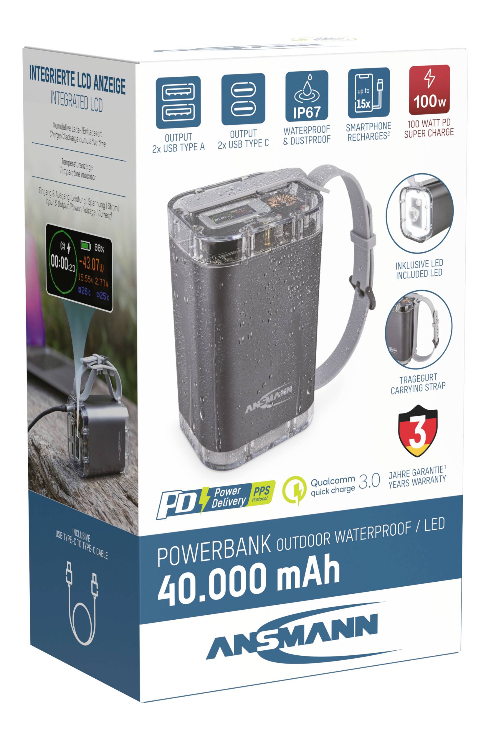 'Powerbank Outdoor Waterproof/LED 40.000 mAh' von Ansmann. Zweifacher USB-Typ-C-Anschluss, IP67 wasserdicht, integrierte LED-Anzeige.