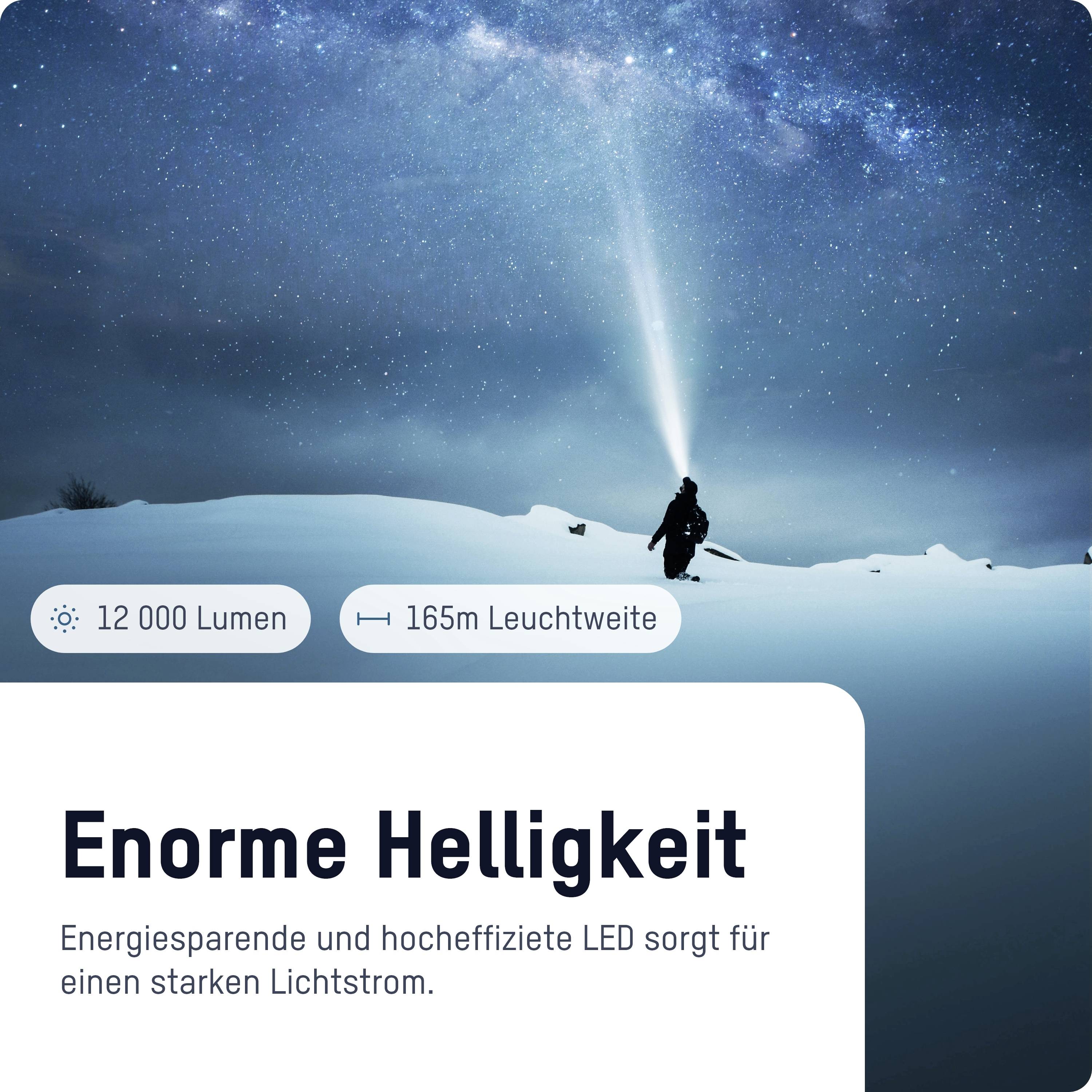 Person auf schneebedecktem Hügel unter Sternenhimmel leuchtet mit Taschenlampe. Text: 'Enorme Helligkeit, 12.000 Lumen, 165m Leuchtweite'. Energieeffiziente LED.