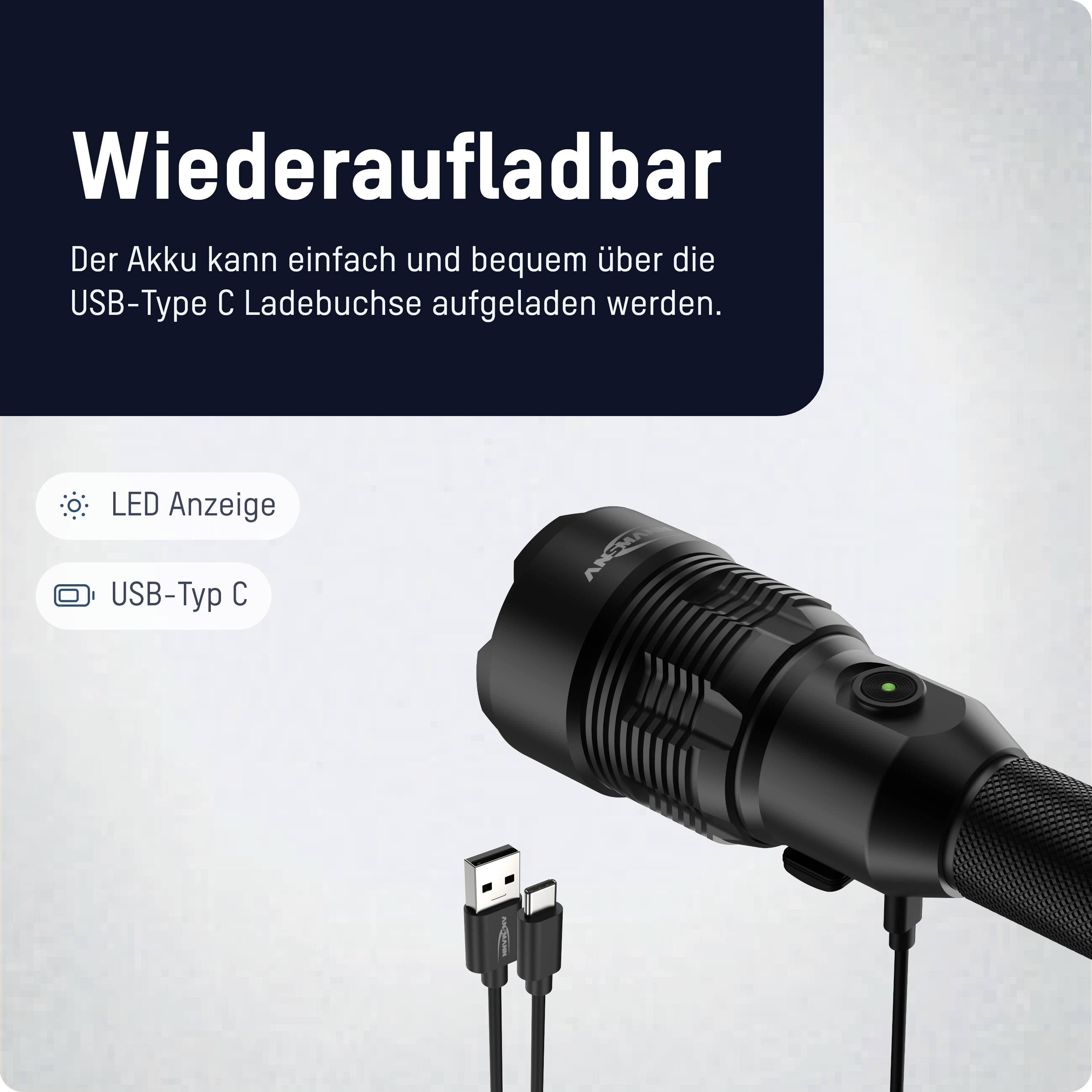 Eine Taschenlampe mit USB-Type-C-Anschluss und LED-Anzeige wird gezeigt. Der Text hebt die wiederaufladbare Funktion hervor.