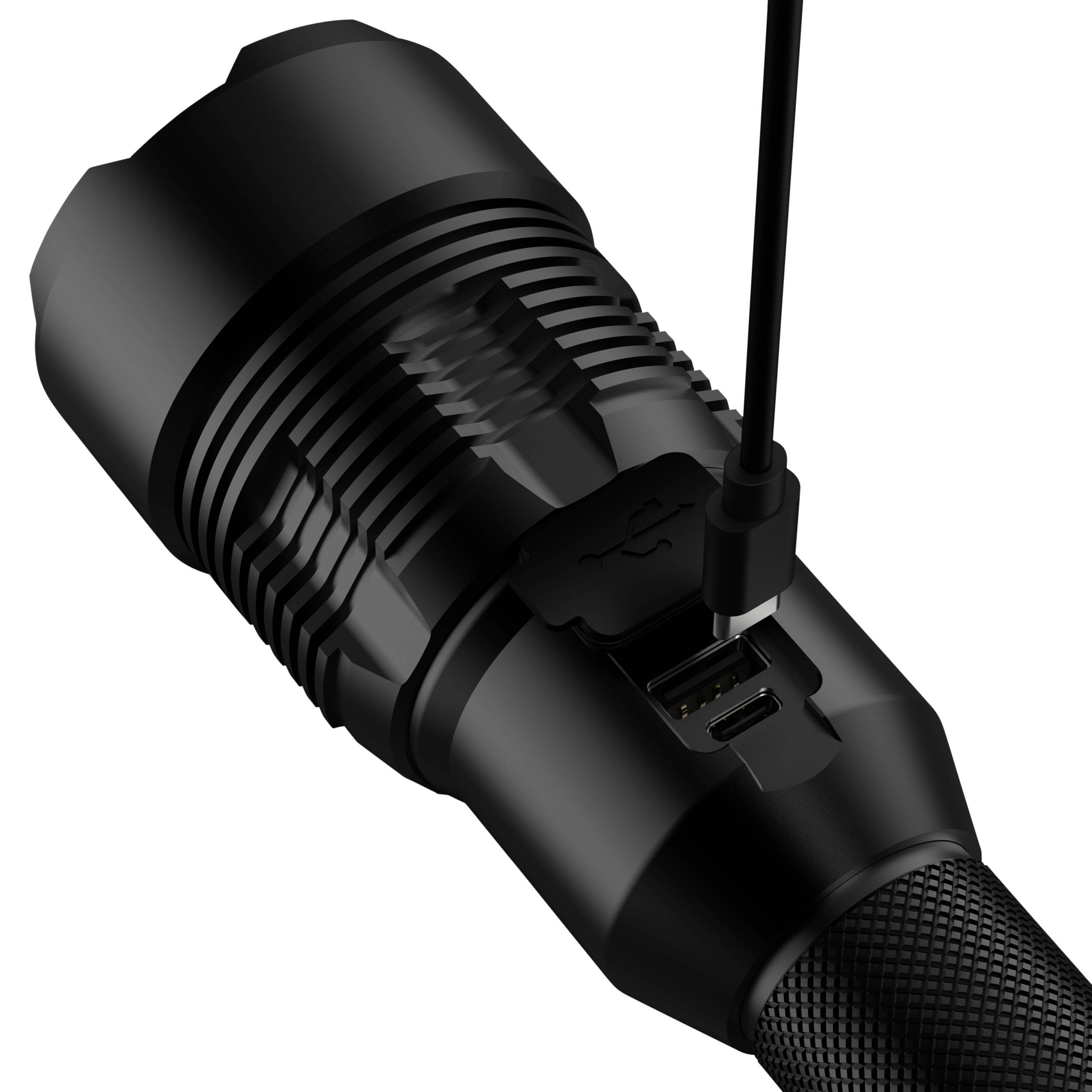 Nahaufnahme eines schwarzen USB-Steckers, der an ein Kabel angeschlossen ist. Der Stecker hat ein USB-Symbol und ein angeschlossenes Kabel.