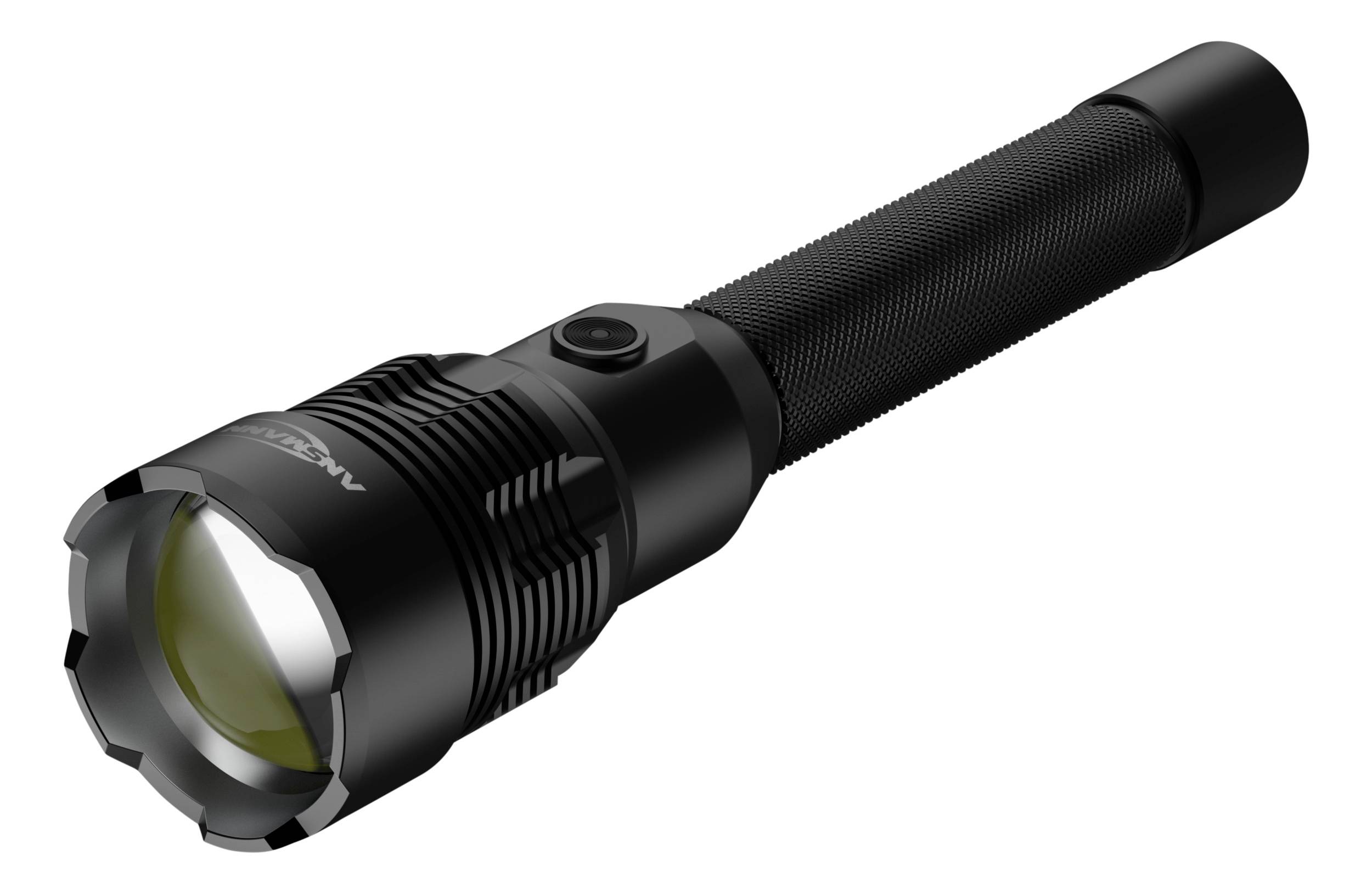 Eine schwarze Taschenlampe mit robustem Griff und einer Linse vorne, geeignet für Outdoor-Aktivitäten oder Notfälle.
