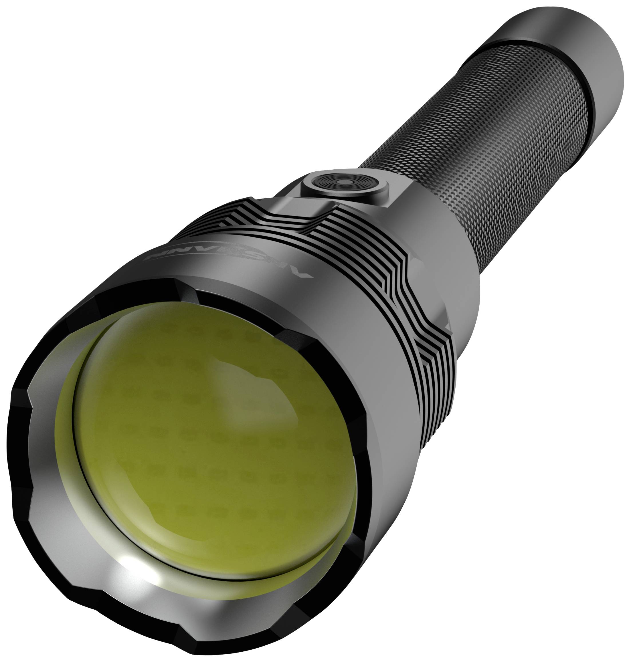 Schwarze Taschenlampe mit geriffeltem Griff und großem, gelbem Reflektor, seitlicher Anknopf.
