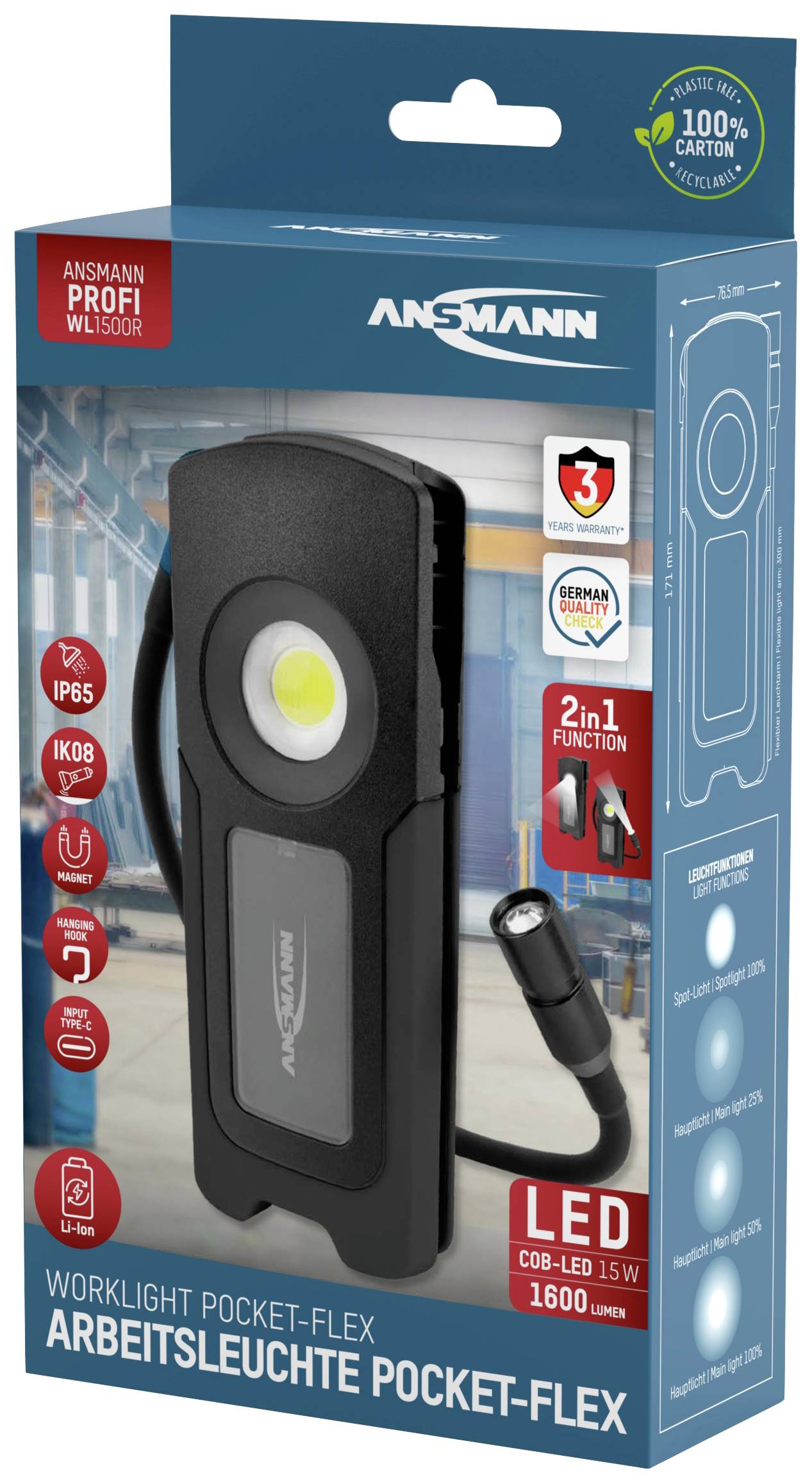 ANSMANN LED Akku-Arbeitsleuchte WL1500R Pocket Flex