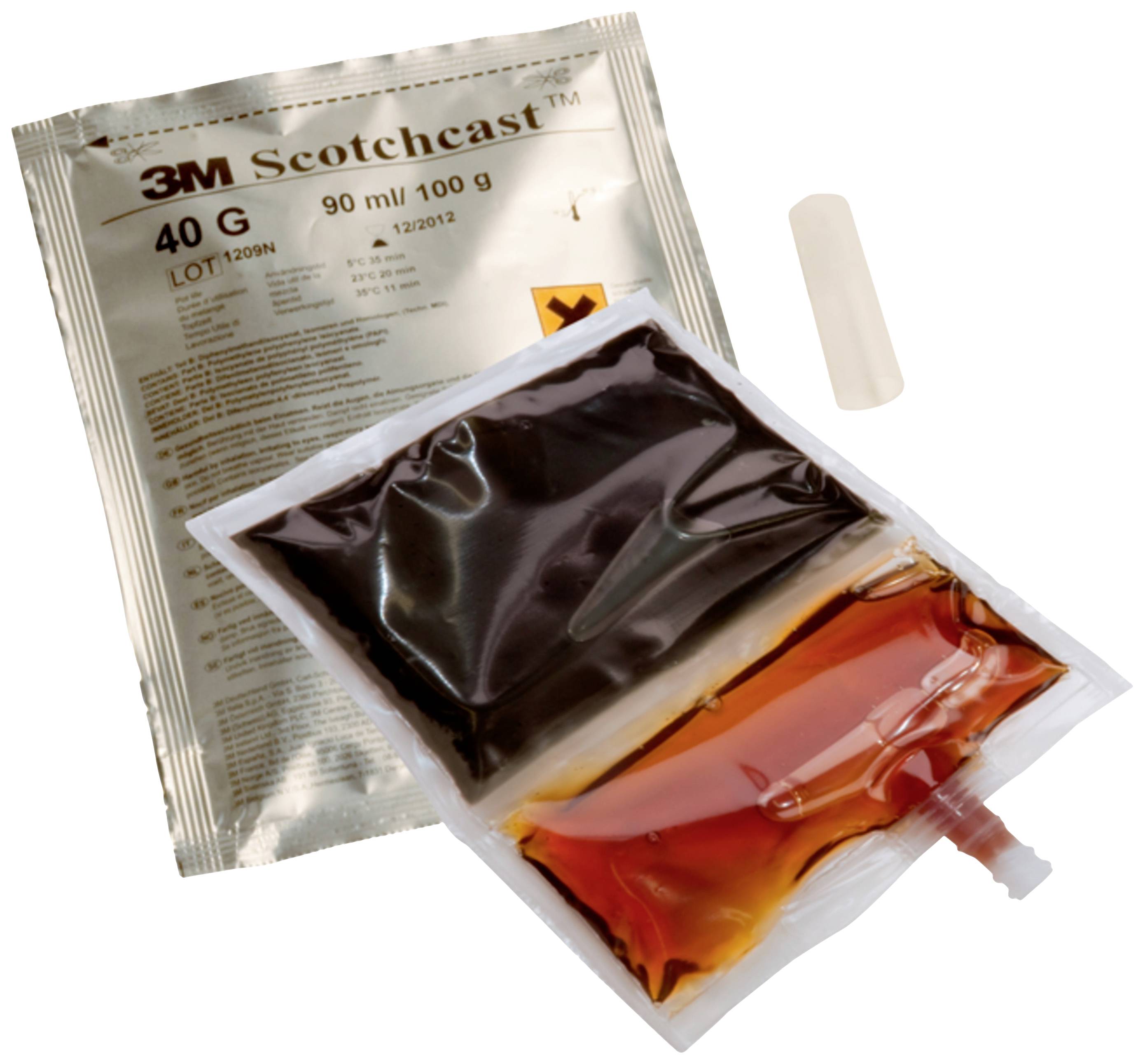 '3M Scotchcast 40 G' Reparaturset, bestehend aus zwei Beuteln mit Flüssigkeiten und einem Kunststoffrohr.