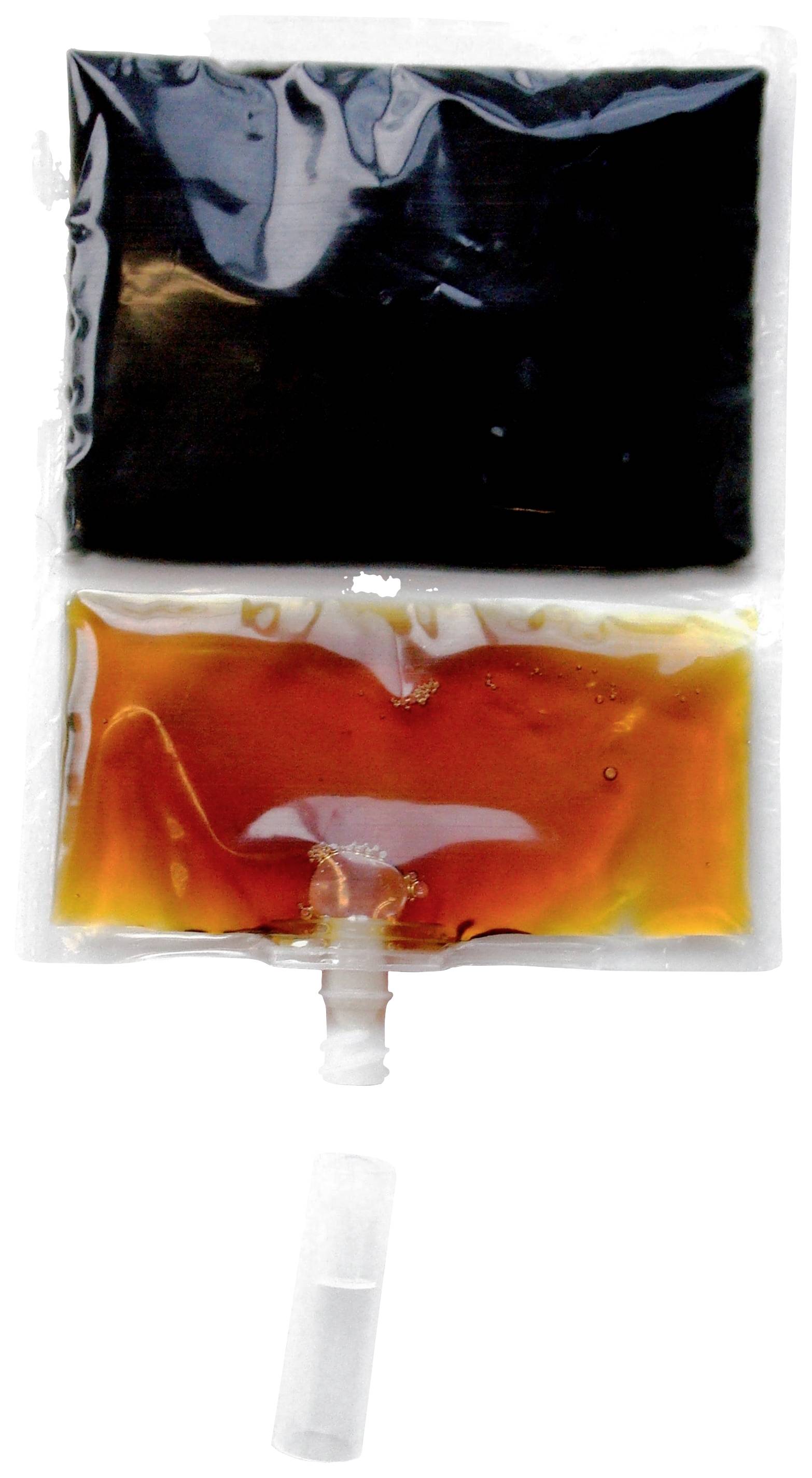 Beutel mit schwarzer Flüssigkeit oben und oranger Flüssigkeit unten, verbunden durch eine Öffnung mit kleinem Ventil.