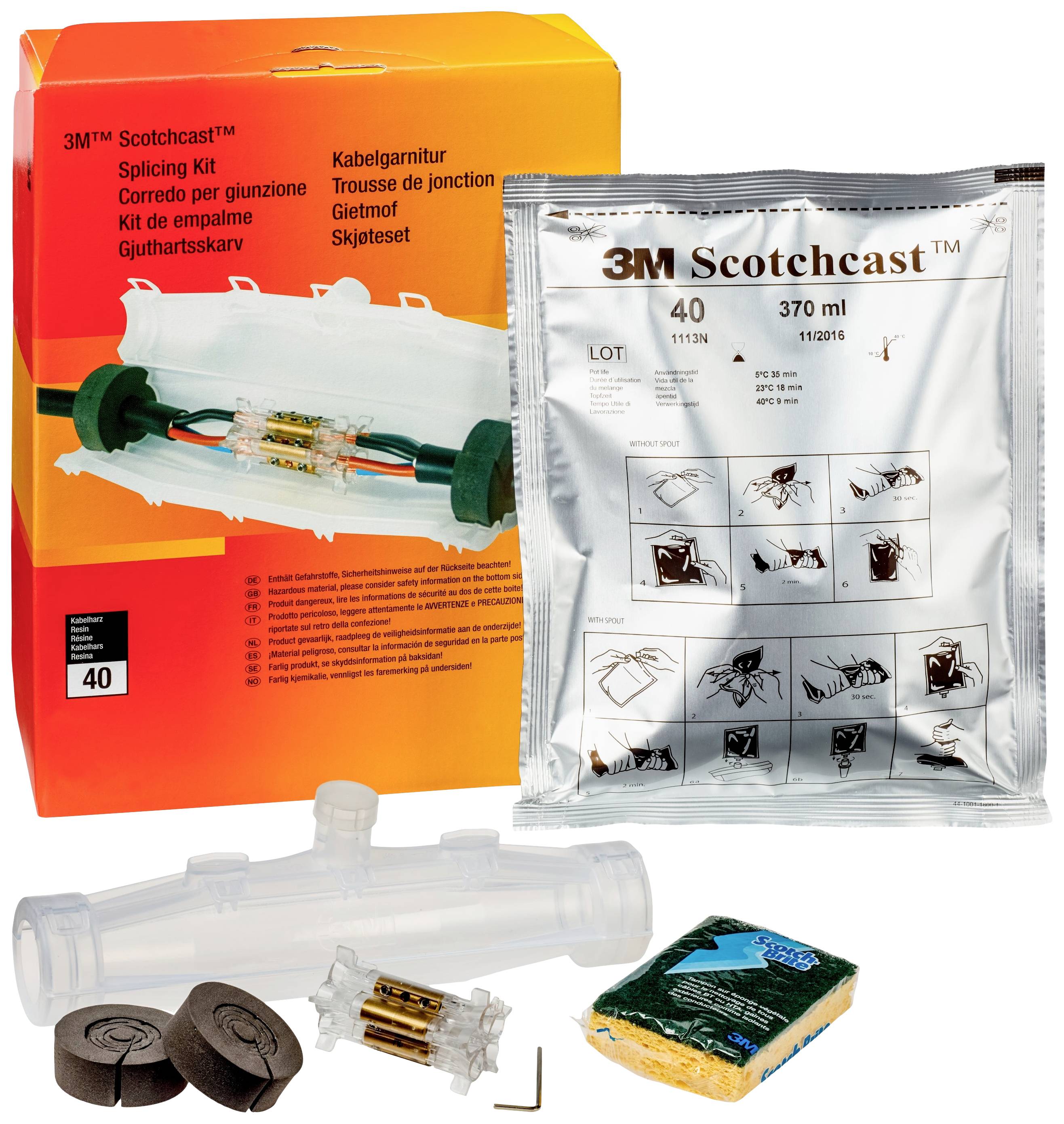 '3M Scotchcast Splicing Kit' für Kabelverbindungen. Enthält Harzmischung, Gießform und Zubehör zur elektrischen Isolation und Abdichtung.