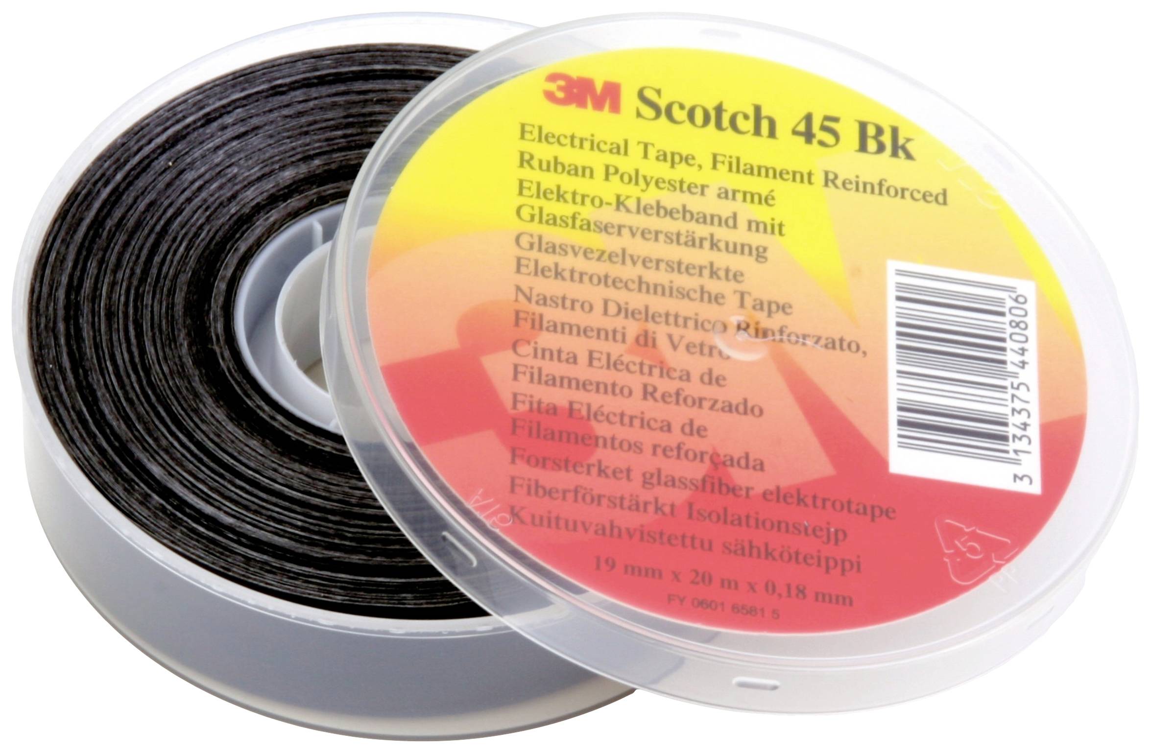 Rolle eines Scotch 45 Bk Elektro-Klebebands mit Glasfaserverstärkung, schwarzer Farbe, in einer transparenten Plastikverpackung.