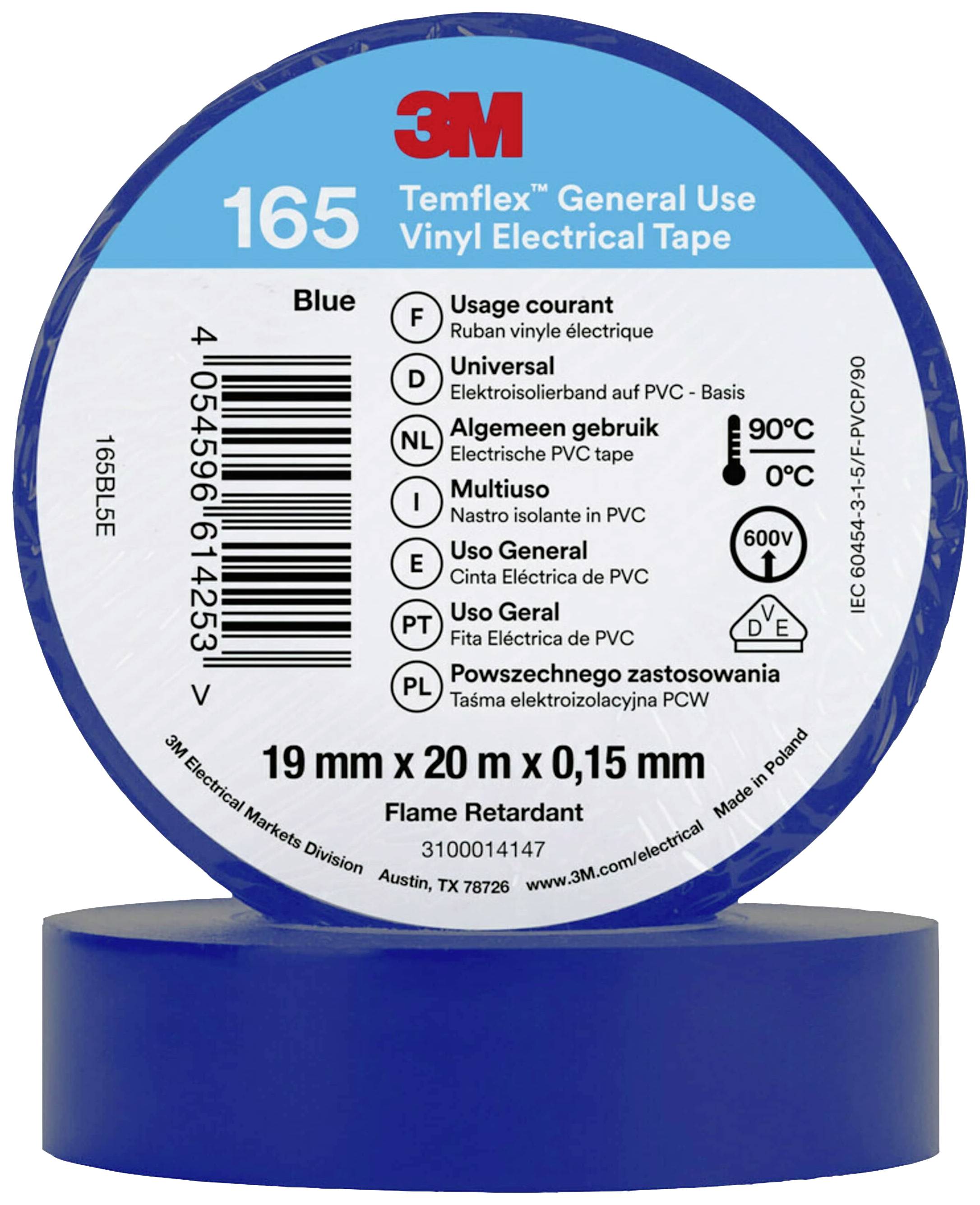 Eine blaue Vinyl-Elektroklebebandrolle der Marke 3M, Typ 'Temflex 165', 19 mm x 20 m, zeigt Temperatur- und Spannungsangaben.