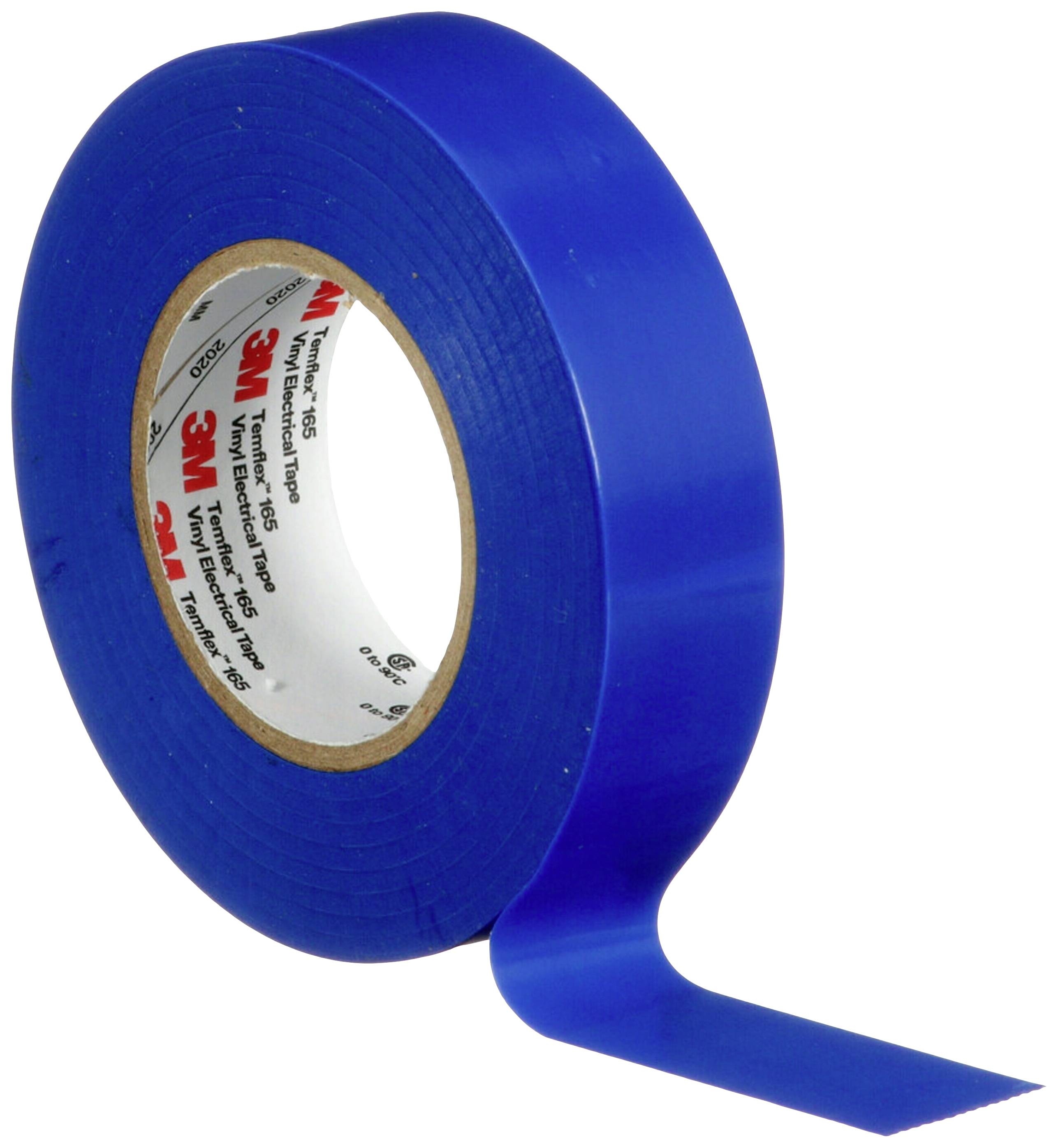 Eine blaue Klebebandrolle mit einem abgewickelten Streifen. Auf der Innenseite ist das Markenlogo in Rot sichtbar.