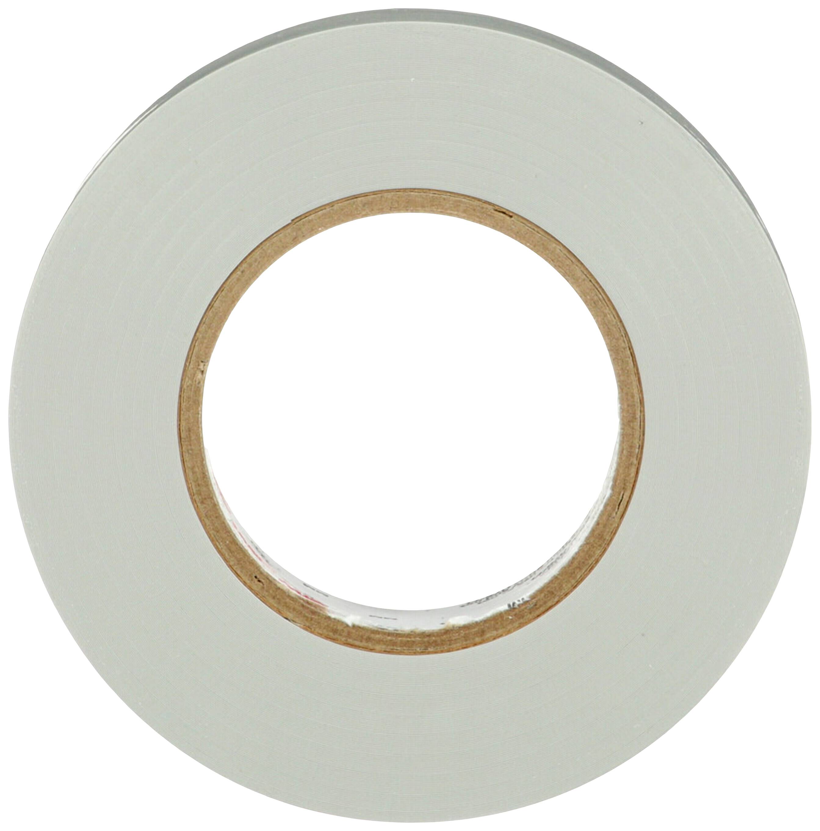 Eine Rolle graues Klebeband mit braunem Innenkern aus Pappe, von oben gesehen.