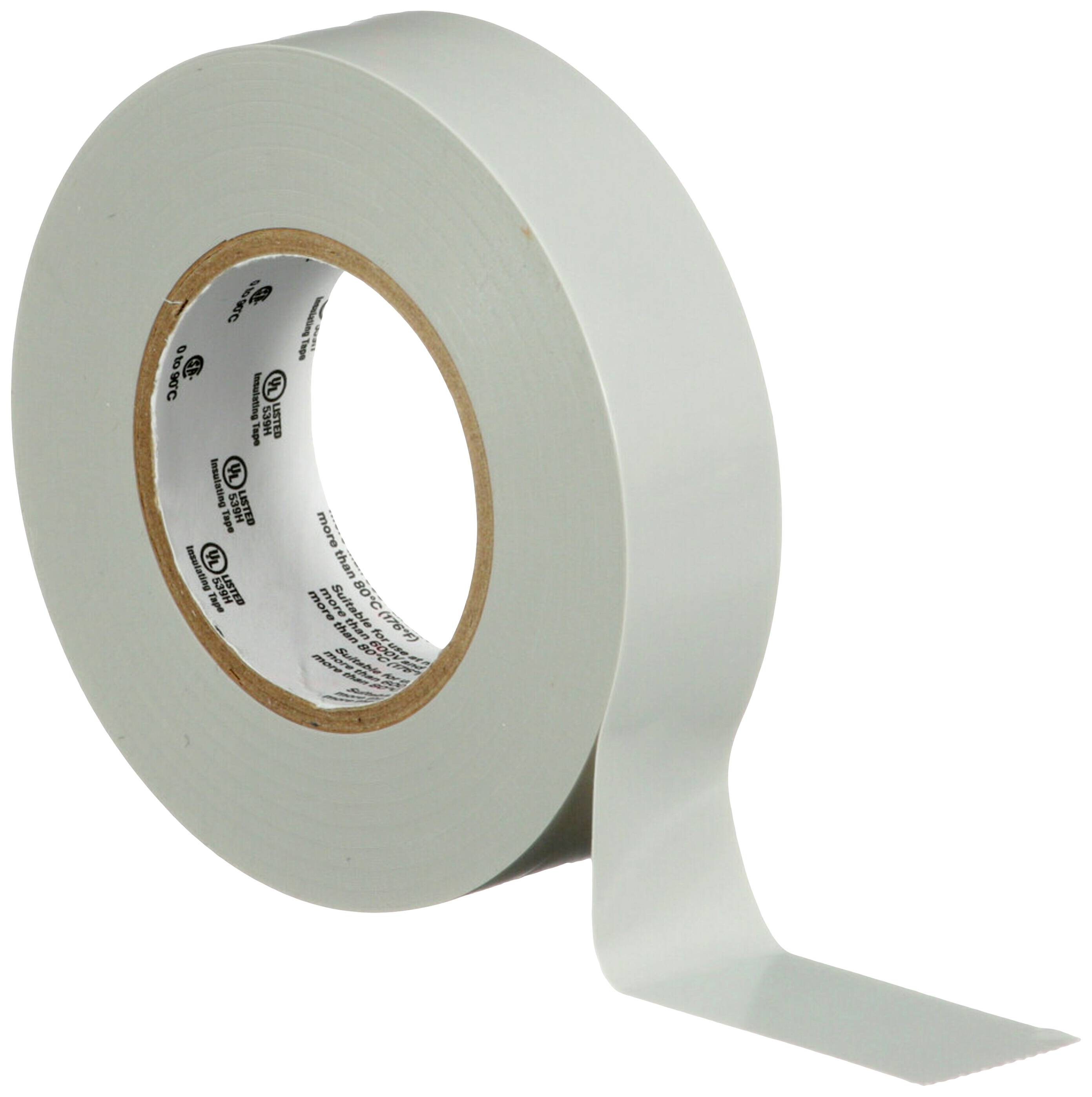 Eine Rolle graues Klebeband liegt teilweise abgerollt auf einer weißen Oberfläche.