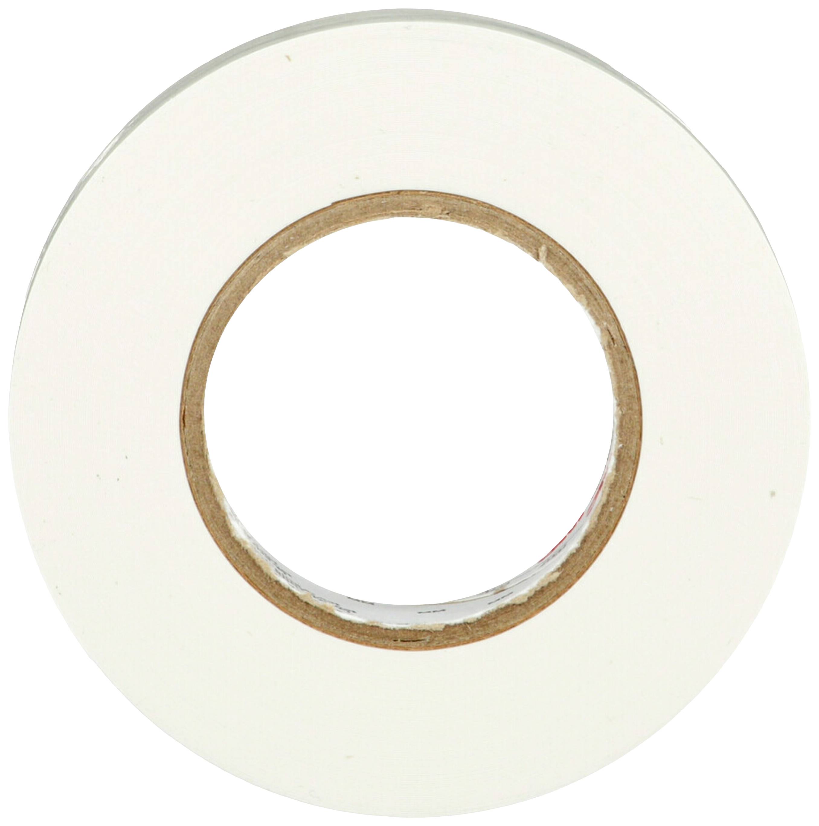 Eine Rolle doppelseitiges Klebeband mit weißer Oberfläche und brauner Pappmitte, auf einer neutralen Hintergrundfläche.