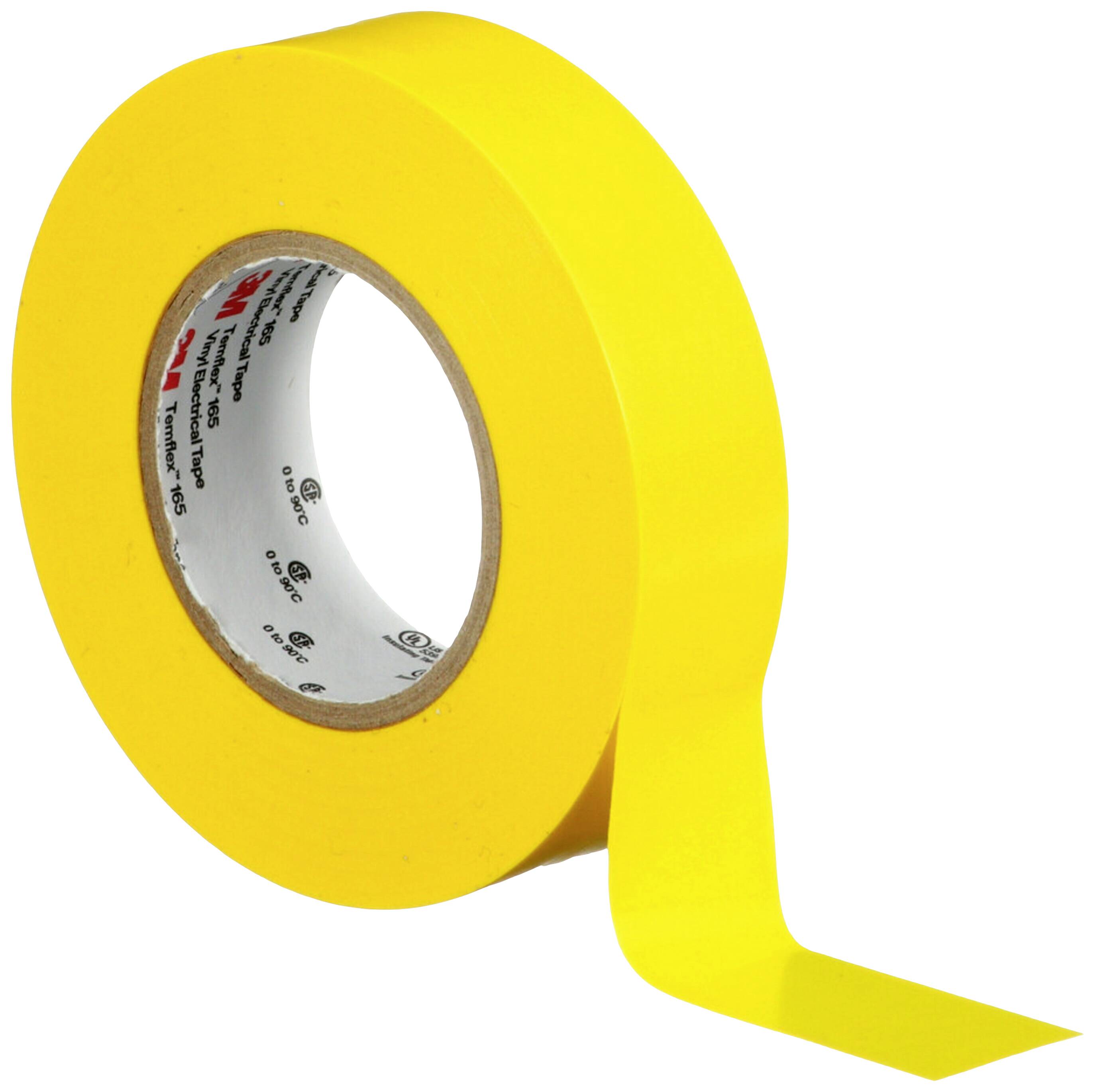 Eine Rolle gelbes Klebeband mit einem abgerollten Streifen, geeignet für Abdeckarbeiten oder Markierungen.