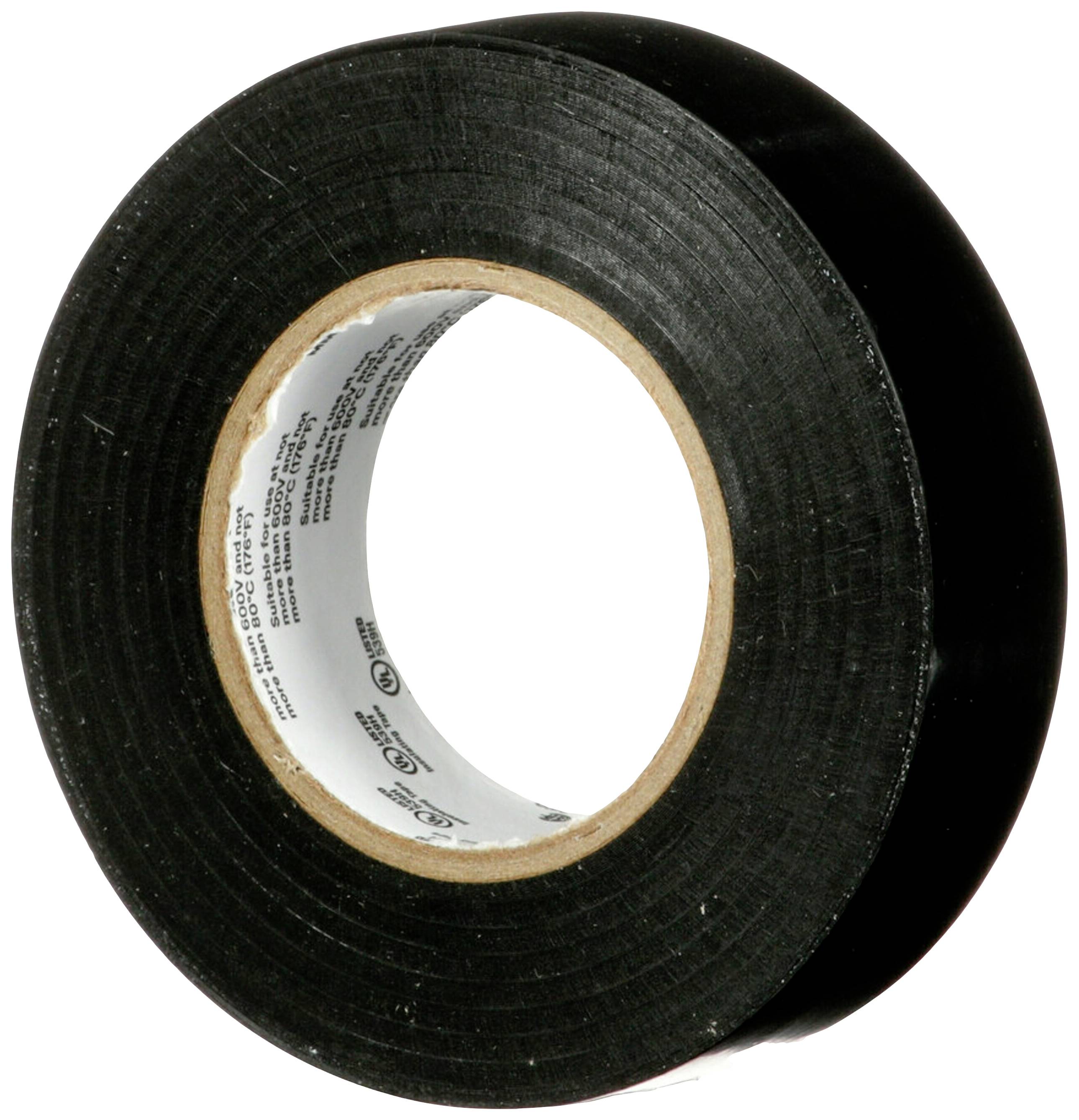 Eine Rolle schwarzes Isolierband, aufrecht stehend, mit sichtbarem Pappkern. Geeignet für elektrische Isolation und Versiegelung.