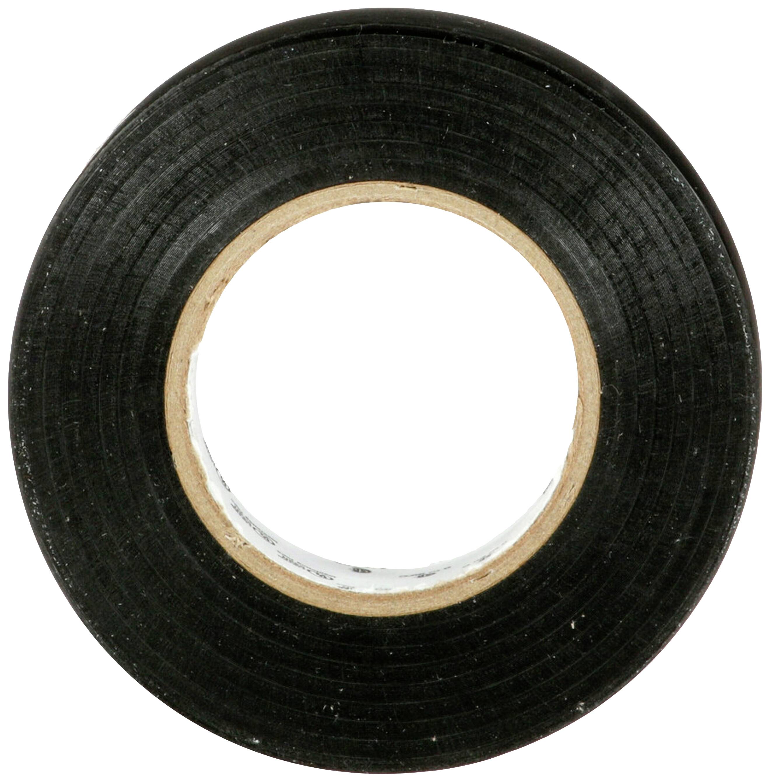 Eine schwarze Rolle Isolierband, zylinderförmig, mit einer Papprolle in der Mitte, isolierend und zum Befestigen oder Abdichten geeignet.