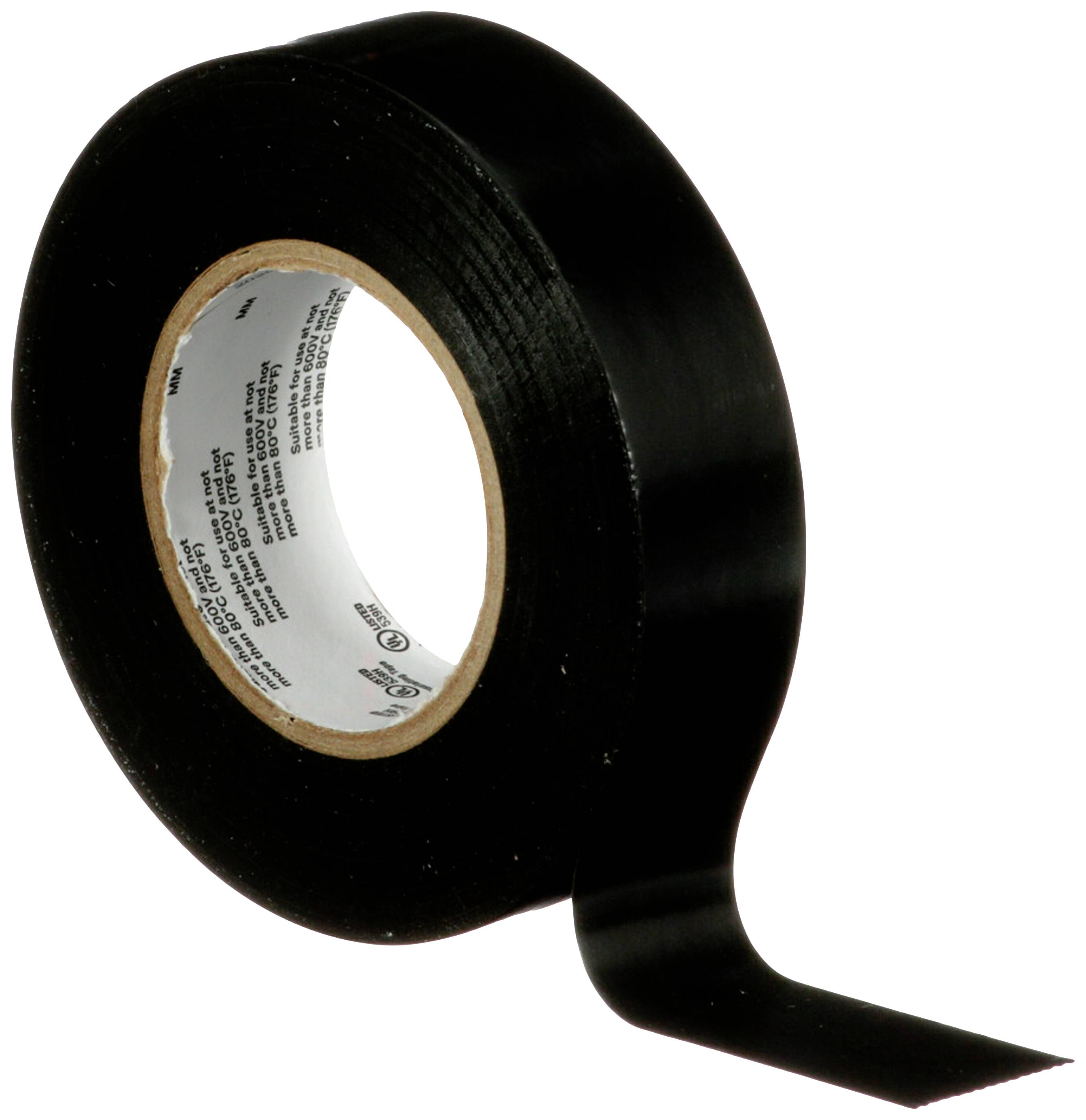 Eine Rolle schwarzes Isolierband mit einem losen Ende, das auf einer Oberfläche liegt.