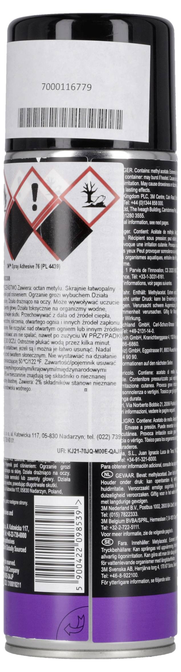 Rückseite einer schwarzen Aerosol-Spraydose mit Warnaufklebern, Gefahrensymbolen, Barcode und Kleingedruckten Produkt- und Sicherheitsanweisungen.