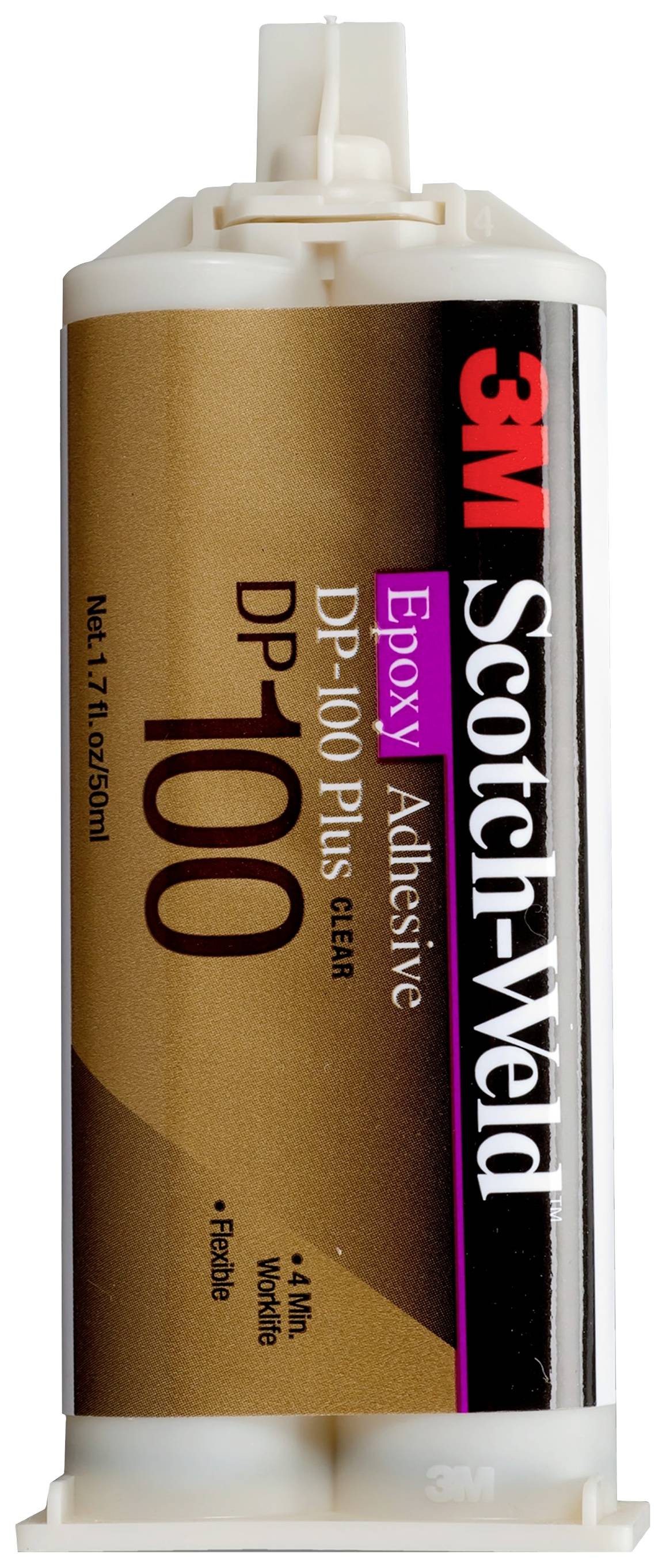Eine Epoxidklebstoffkartusche mit der Aufschrift '3M Scotch-Weld DP-100 Plus, Clear'. Enthält 1,7 fl oz. Flexibel und zum Verkleben geeignet.