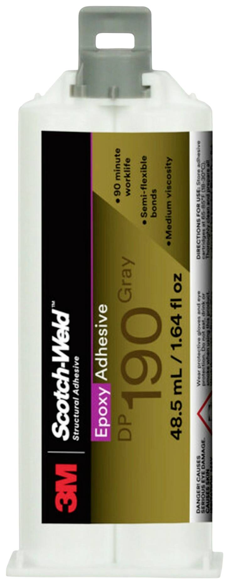 Eine 48,5 ml Doppelkartusche mit '3M Scotch-Weld Epoxy Adhesive DP190', geeignet für strukturelle Verklebungen, in grauer Farbe.