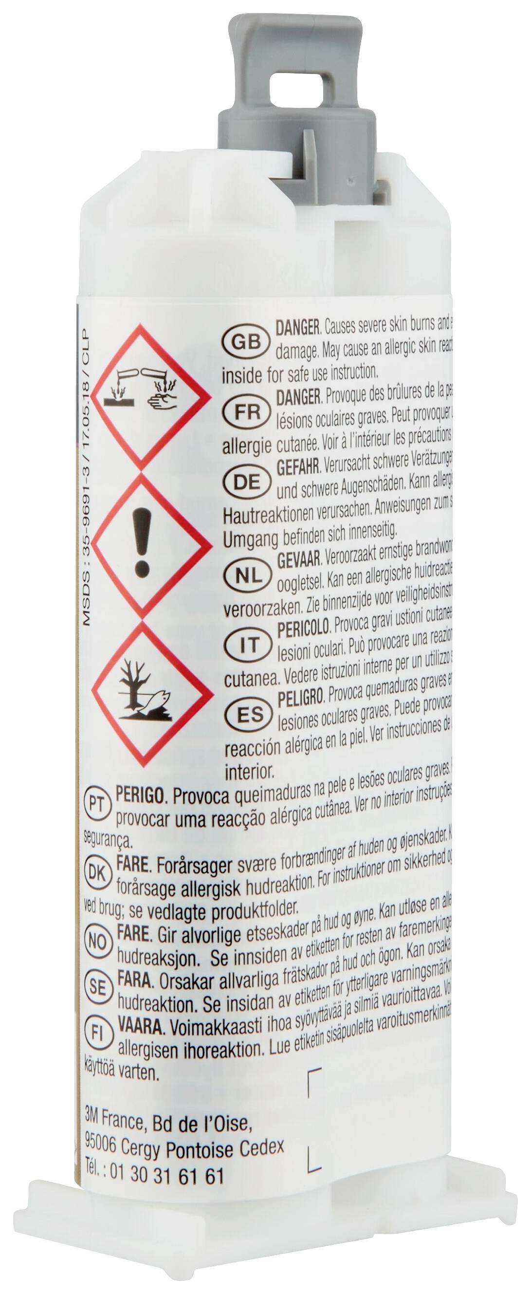 Zylinderförmiger Behälter mit verschiedenen Warnhinweisen und Symbolen zur Kennzeichnung von gesundheitlichen Gefahren und Umweltgefahren. Enthält Text in mehreren Sprachen.