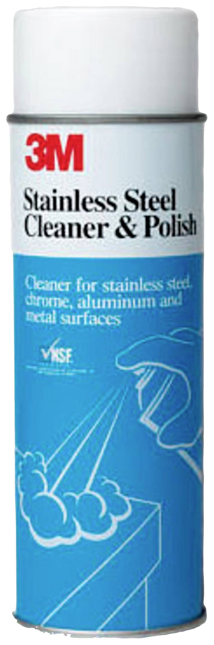 Eine Sprühdose mit der Aufschrift '3M Stainless Steel Cleaner & Polish'. Reiniger für Edelstahl, Chrom und Aluminium.