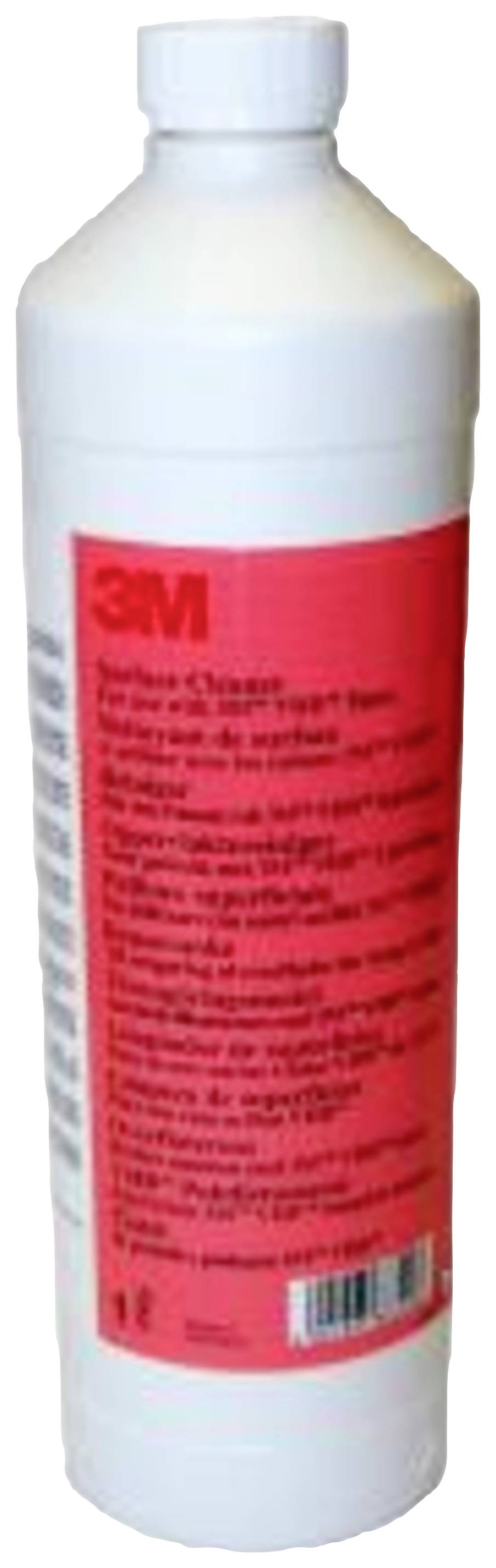 Weiße Flasche mit rotem Etikett, darauf Anweisungen und Sicherheitsinformationen in kleiner Schrift. Marke oben links.