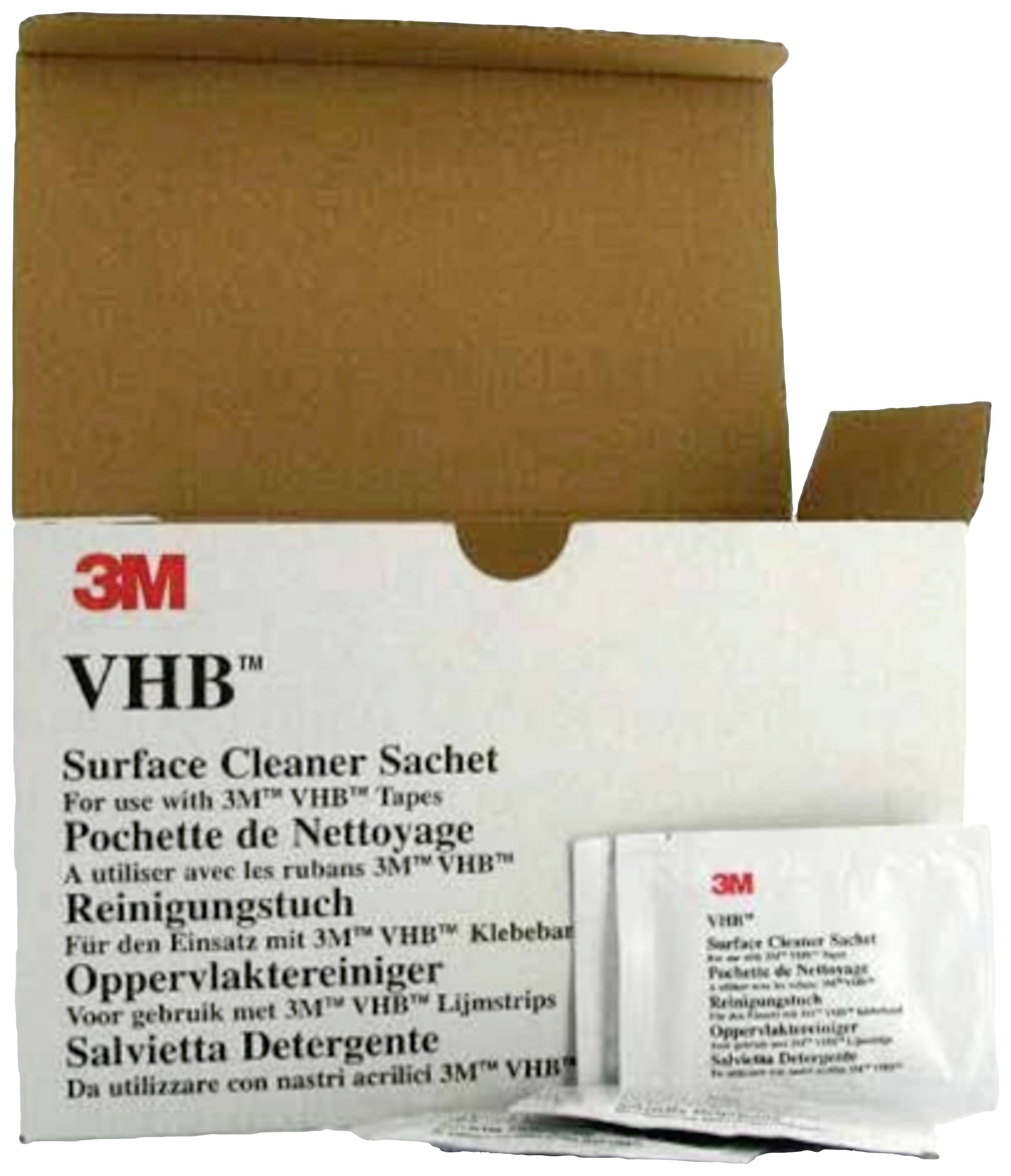 Ein offener Karton mit 3M VHB Reinigungstüchern, geeignet für den Einsatz mit 3M VHB Klebeband. Vorderseite zeigt Produktdetails.