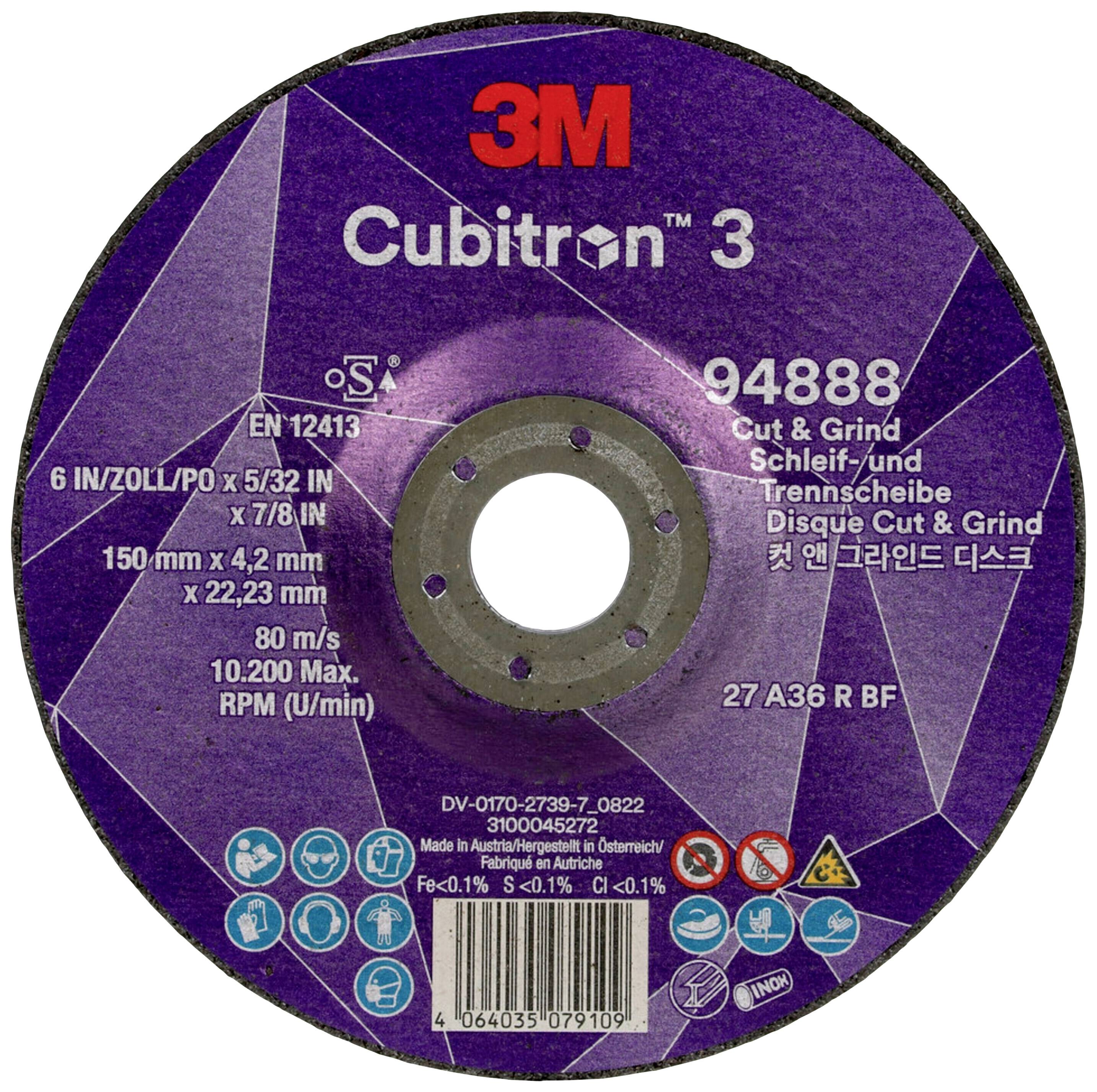 Eine runde Schleifscheibe mit der Aufschrift '3M Cubitron 3', Durchmesser 150 mm, für Schnitt- und Schleifanwendungen.
