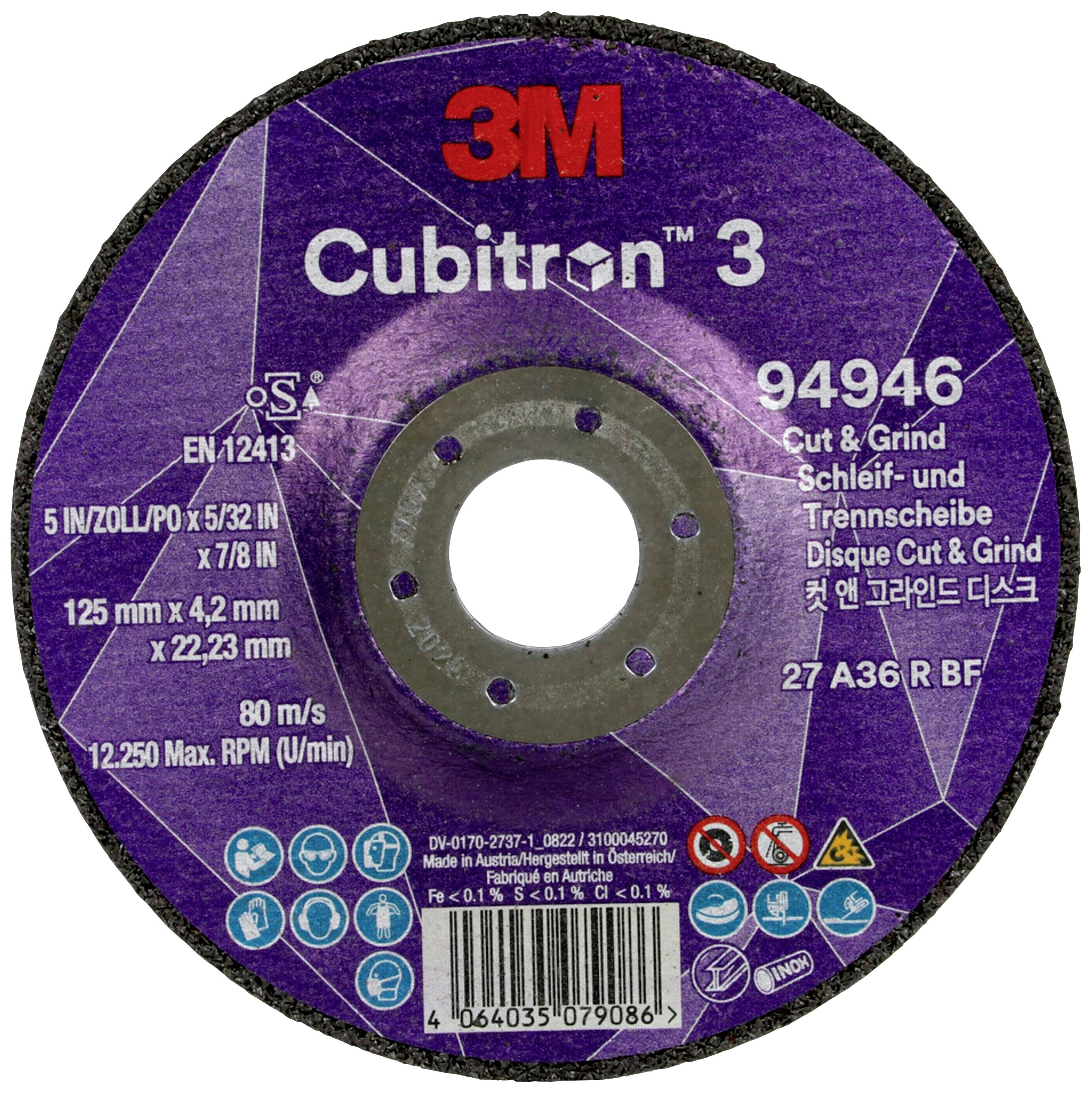 Scheibe von 3M Cubitron 3 zum Schneiden und Schleifen. Maße: 125 mm x 4,2 mm, maximale Drehzahl: 12.250 U/min.