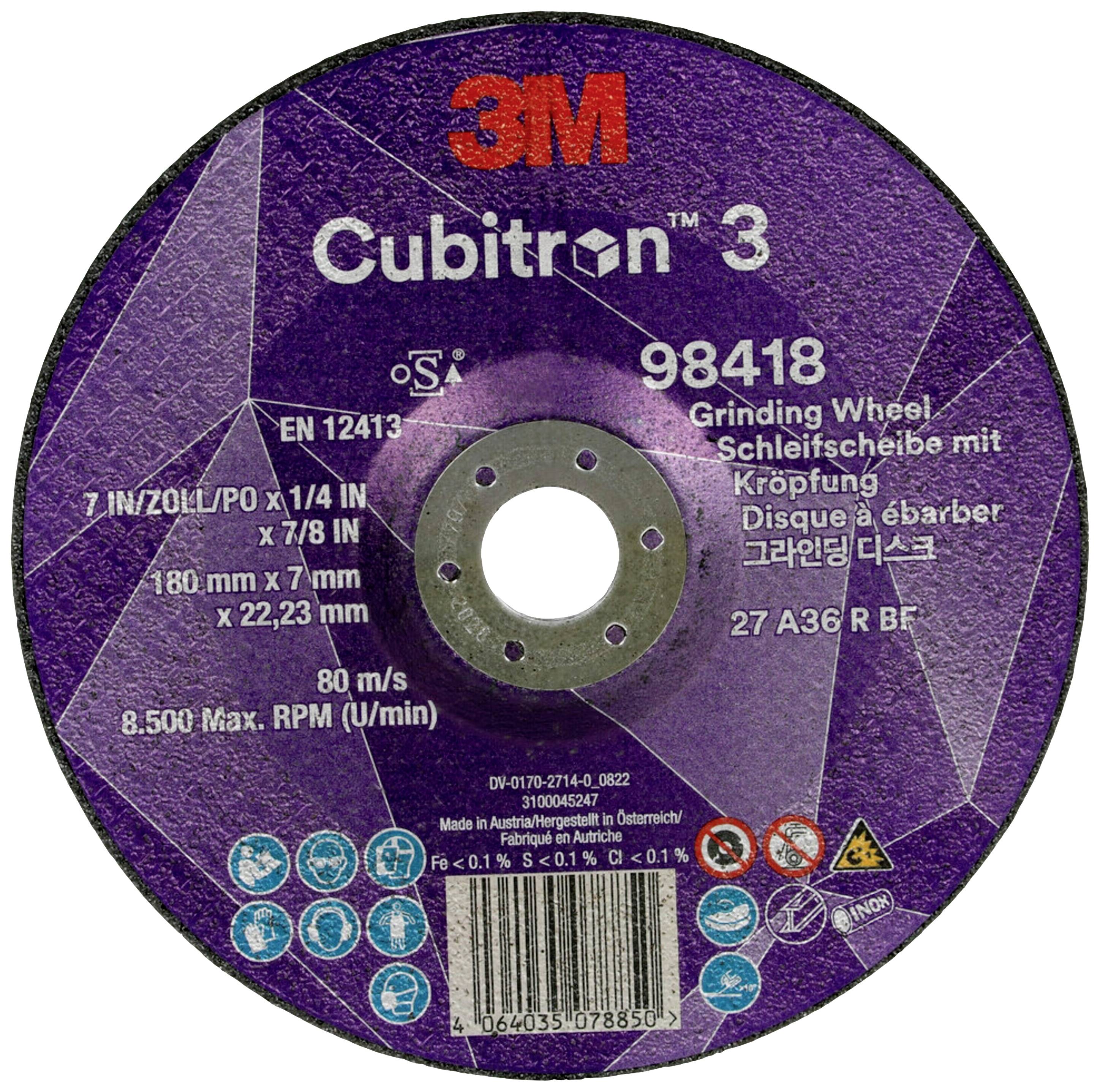Eine violette Schleifscheibe von 3M Cubitron 3, Modellnummer 98418, mit Angaben zu Größe und maximaler Drehzahl.