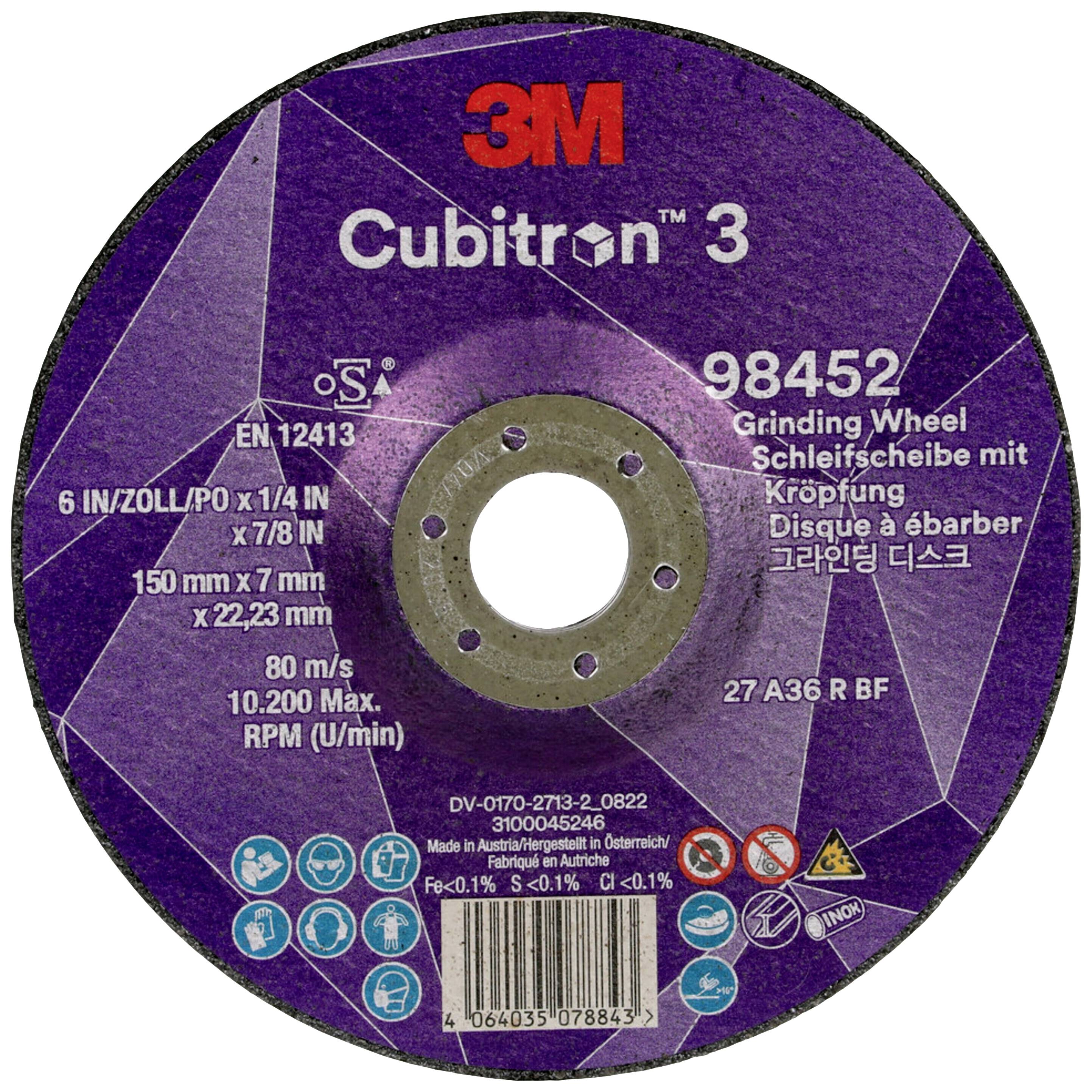'3M Cubitron 3', Schleifscheibe. Spezifikationen: 150 mm x 7 mm x 22,23 mm, 80 m/s, 10.200 U/Min. EN 12413, Typ 27 A36 R BF.