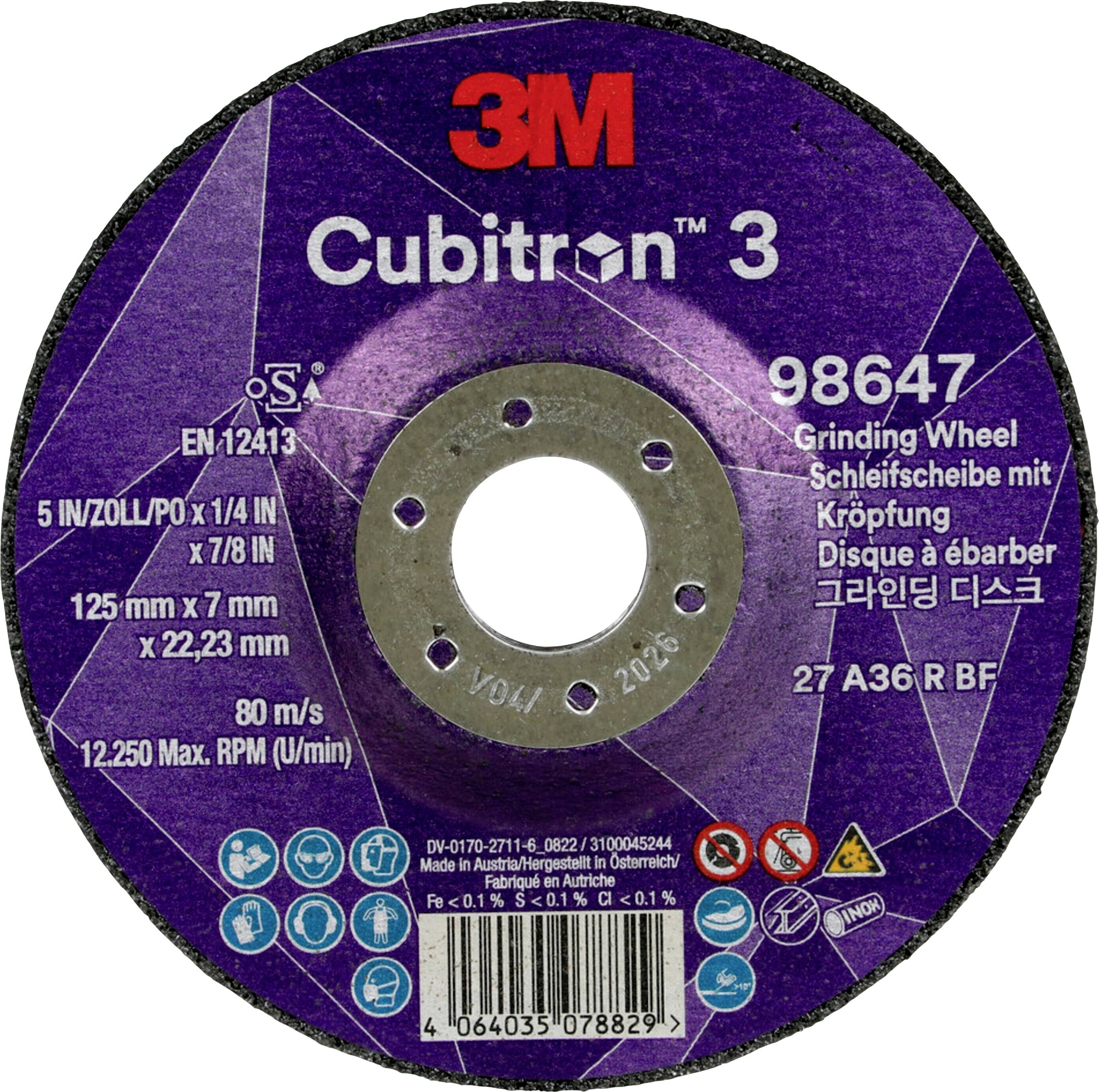 Kubische Schleifscheibe '3M Cubitron 3', Modellnummer 98647, 125 mm x 7 mm x 22,23 mm, maximale Drehzahl 12.250 U/min.