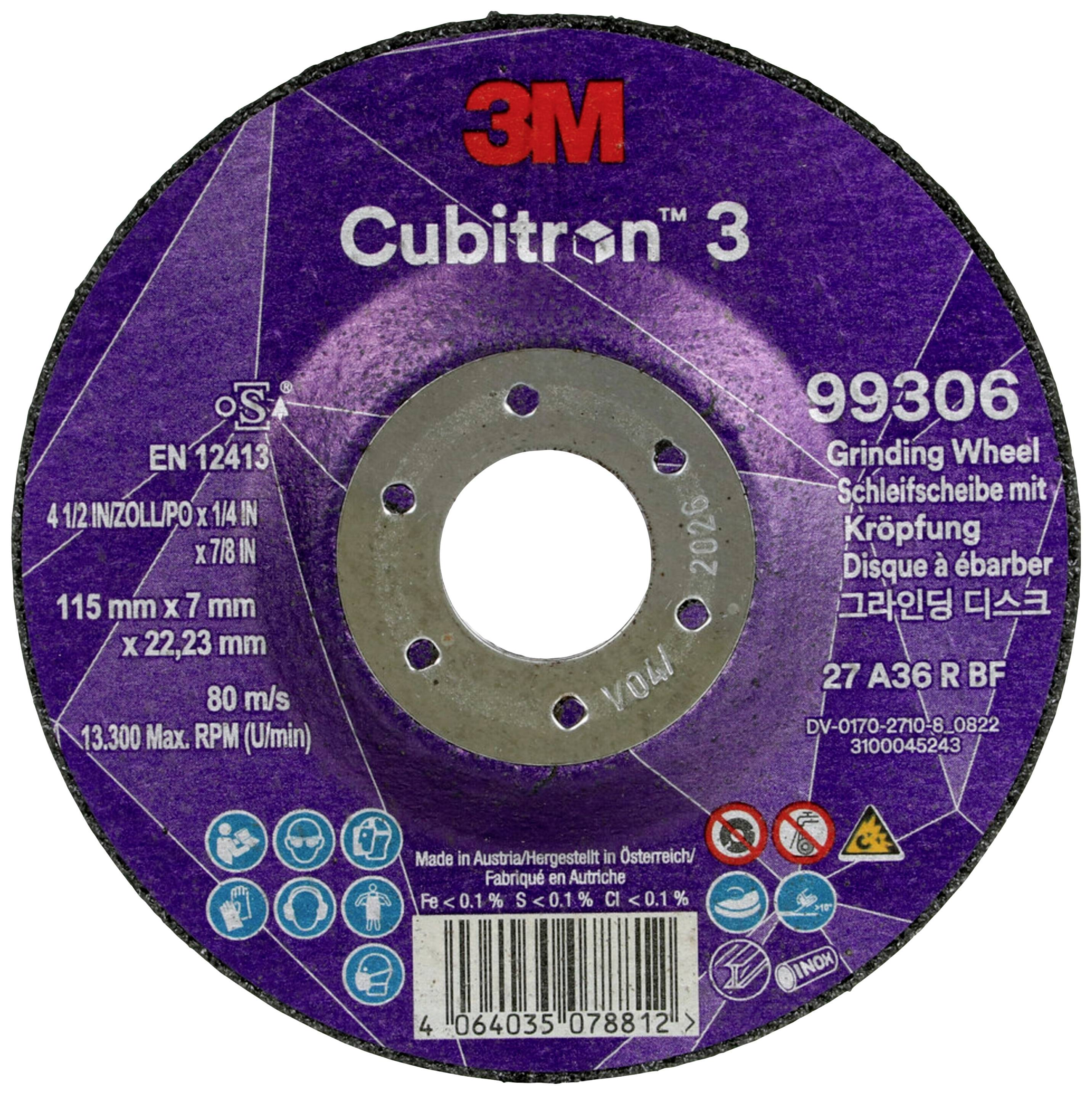 Schleifscheibe '3M Cubitron 3', Modellnummer 99306. Maße: 115 mm x 7 mm, max. 13.300 U/min, zur Metallbearbeitung geeignet.
