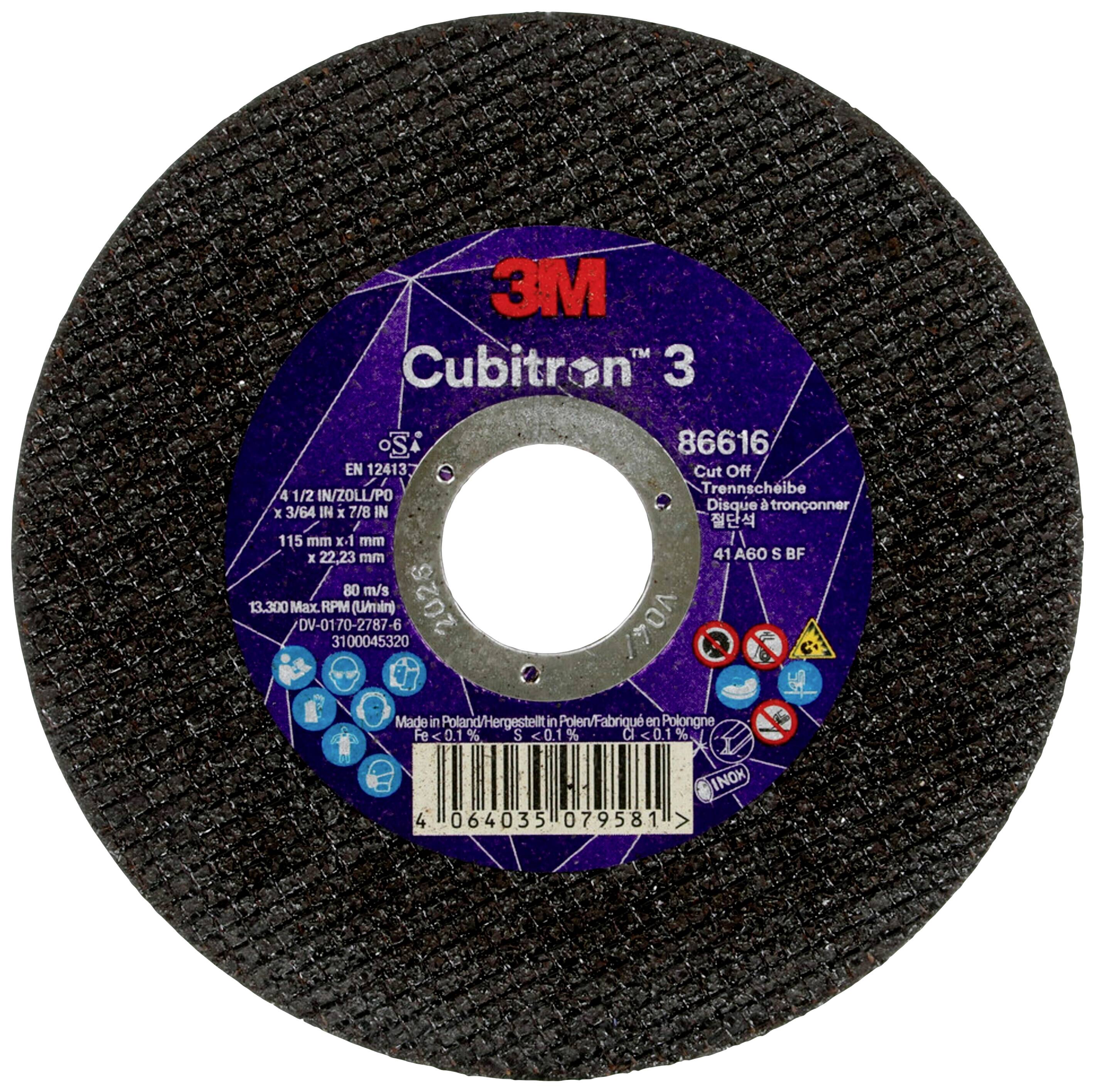 Schleifscheibe, rund, mit Aufschrift 'Cubiton 3'. Marke: 3M. Eignet sich zum Schneiden verschiedener Materialien.