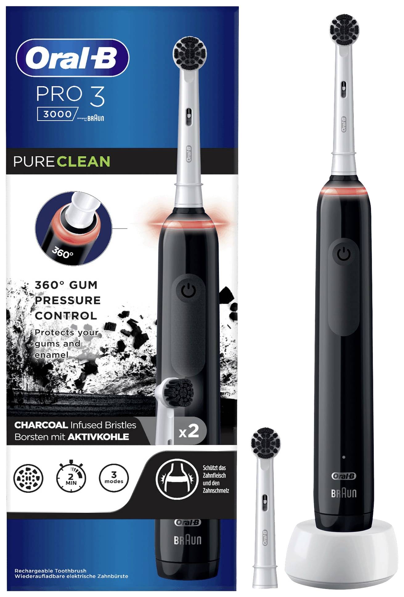 Oral-B Pro 3, 3000 Pure Clean 613011 Elektrische Zahnbürste Rotierend/Oszilierend/Pulsieren Schwarz/Weiß