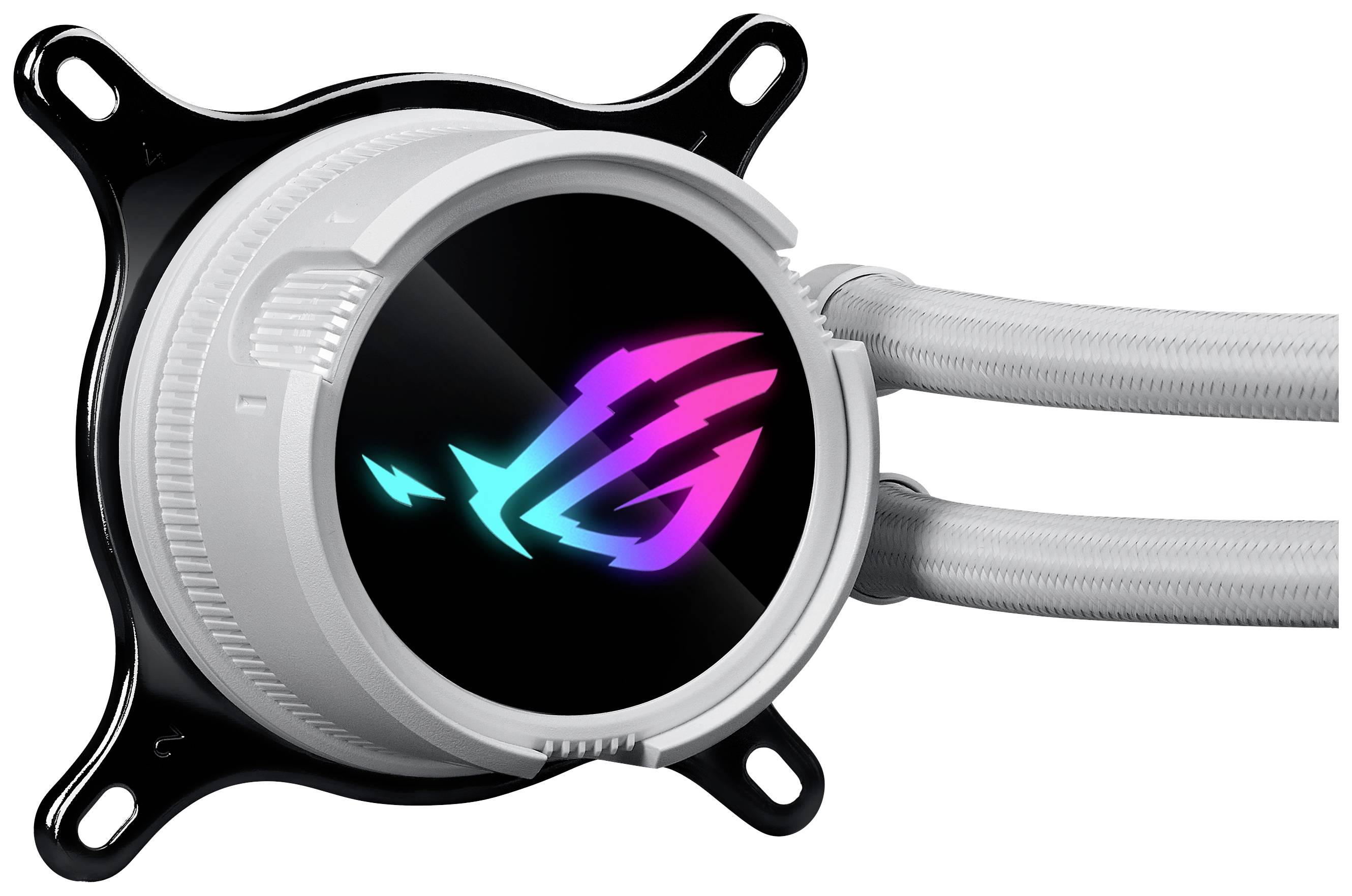 Schwarzer und silberner CPU-Kühler mit leuchtendem, buntem Logo in der Mitte und zwei angeschlossenen, grauen Schläuchen auf der rechten Seite.