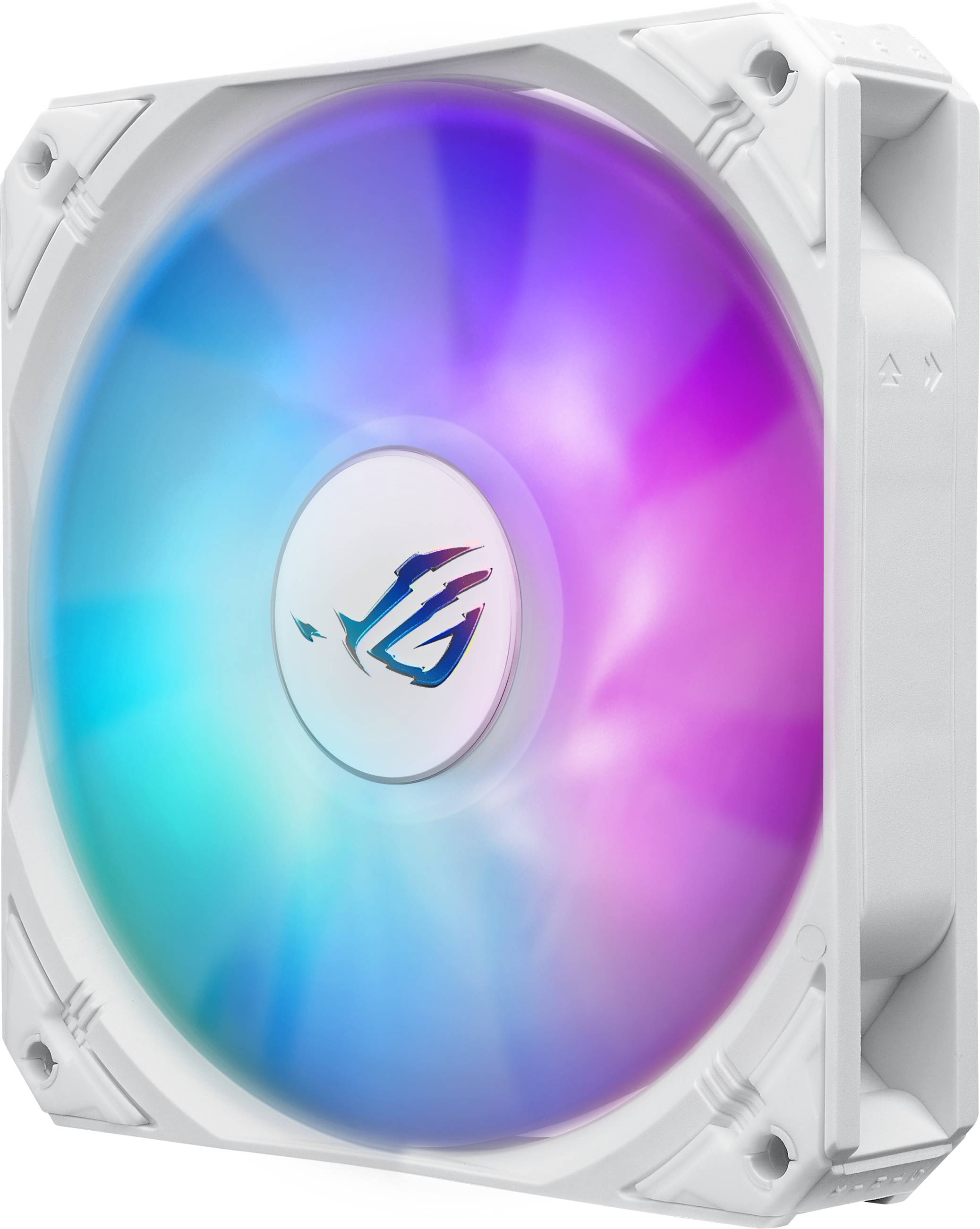 Computerventilator mit RGB-Beleuchtung, die in verschiedenen Farben leuchtet. Gehäuse in Weiß, markantes Logo in der Mitte.