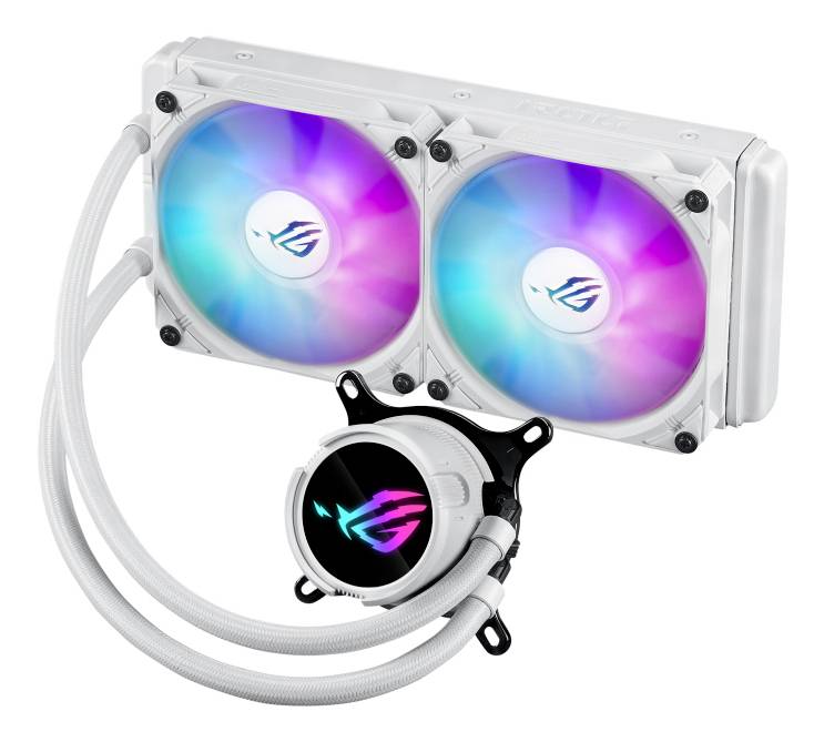 Zwei RGB-beleuchtete Computerlüfter mit einem weißen Kühlkörper und einem runden, beleuchteten CPU-Kühlblock mit Logo in der Mitte.