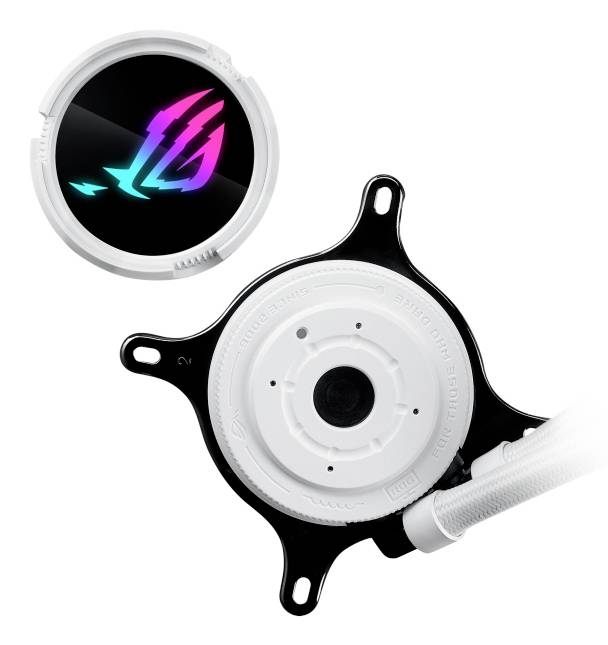 Eine weiße Computer-Kühleinheit mit einem schwarzen zirkularen Element, das ein buntes, leuchtendes Logo zeigt.