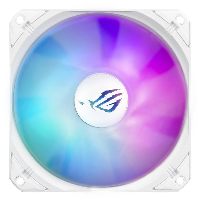 Ein bunter Computerlüfter mit RGB-Beleuchtung, der in verschiedenen Farben leuchtet, von Blau über Lila bis Pink.