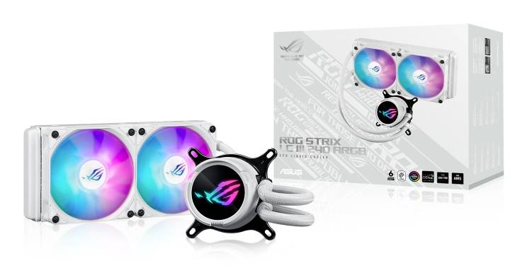 Eine ASUS ROG Strix LC II 240 RGB CPU-Wasserkühlung in Weiß, mit zwei beleuchteten Lüftern. Verpackung im Hintergrund.