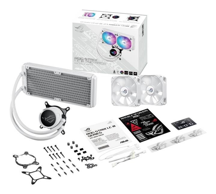 Kühlerset mit zwei Lüftern, Radiator, Zubehör und Verpackung auf weißem Hintergrund. Enthält Montageanleitung und Aufkleber.