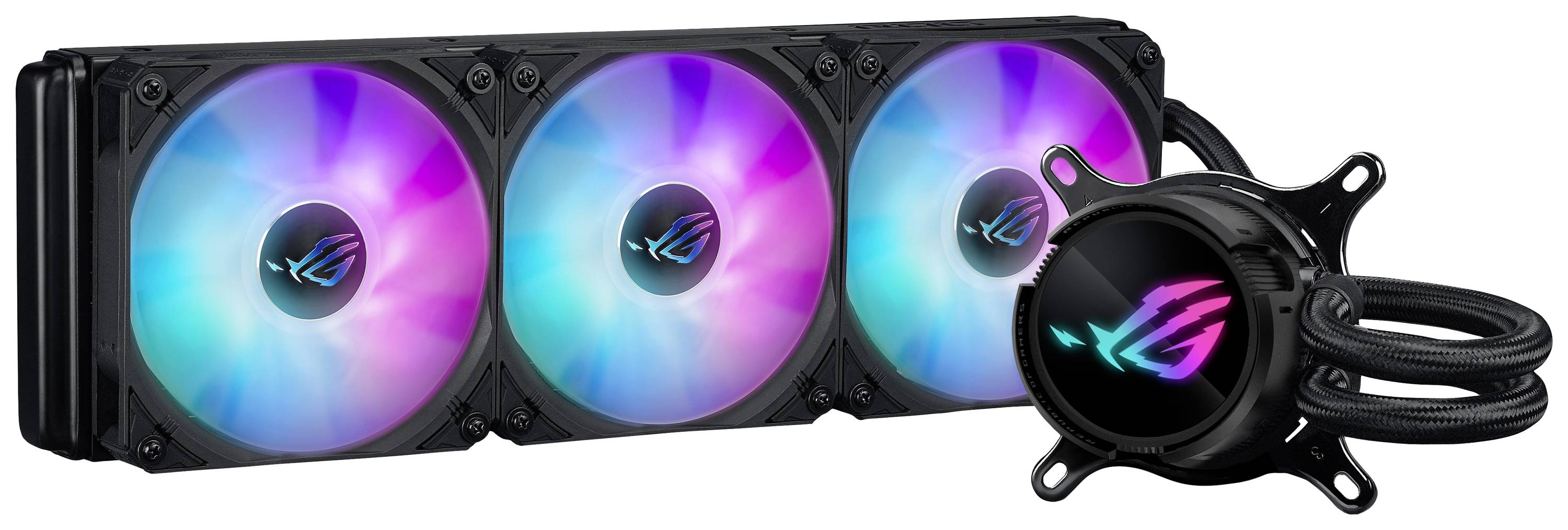 Dreifacher bunter RGB-Radiatorlüfter mit kreisförmigem Kühler, trägt zur Kühlung elektronischer Komponenten bei.