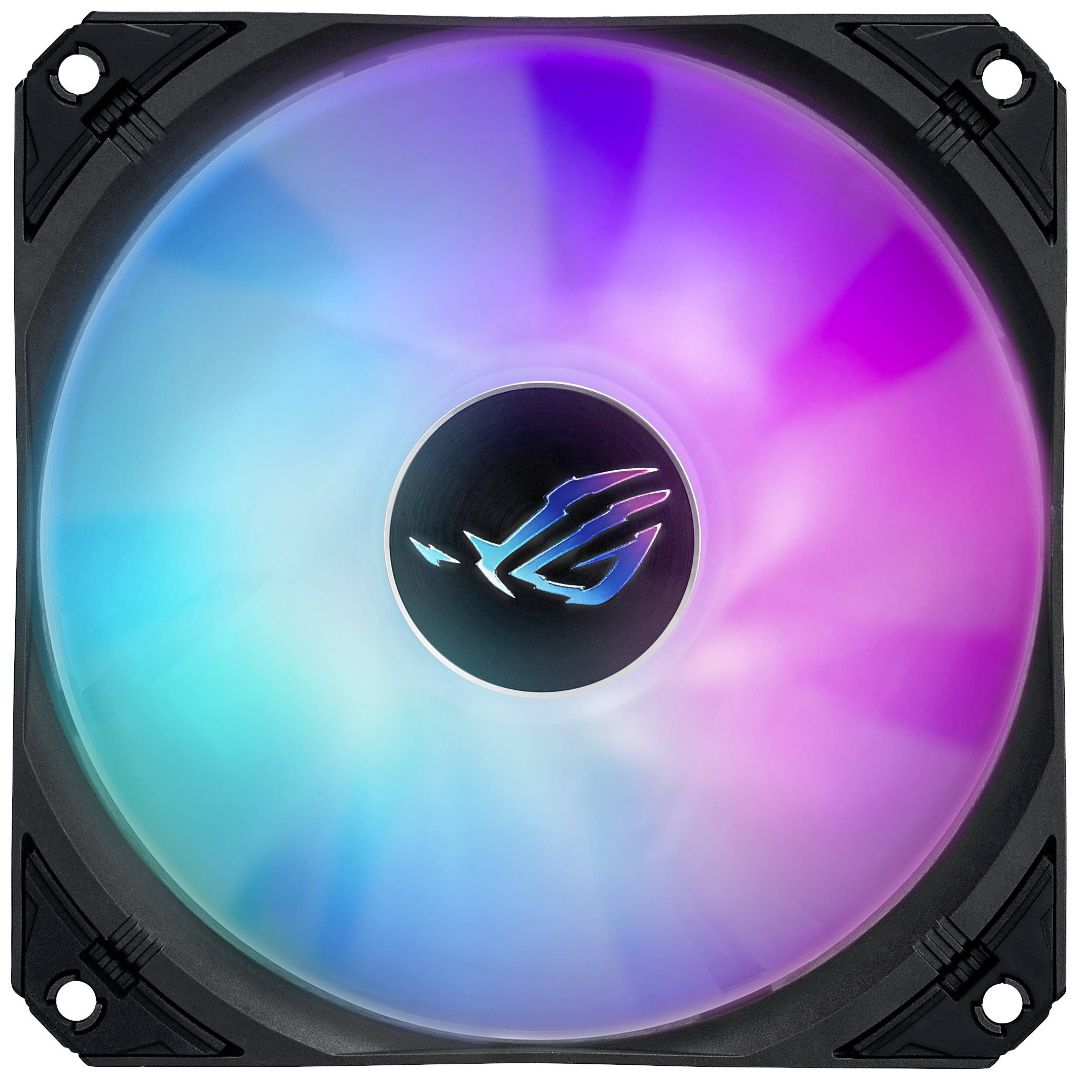 Ein LED-Computerlüfter in Regenbogenfarben leuchtet mit blau, türkis, pink und violett.