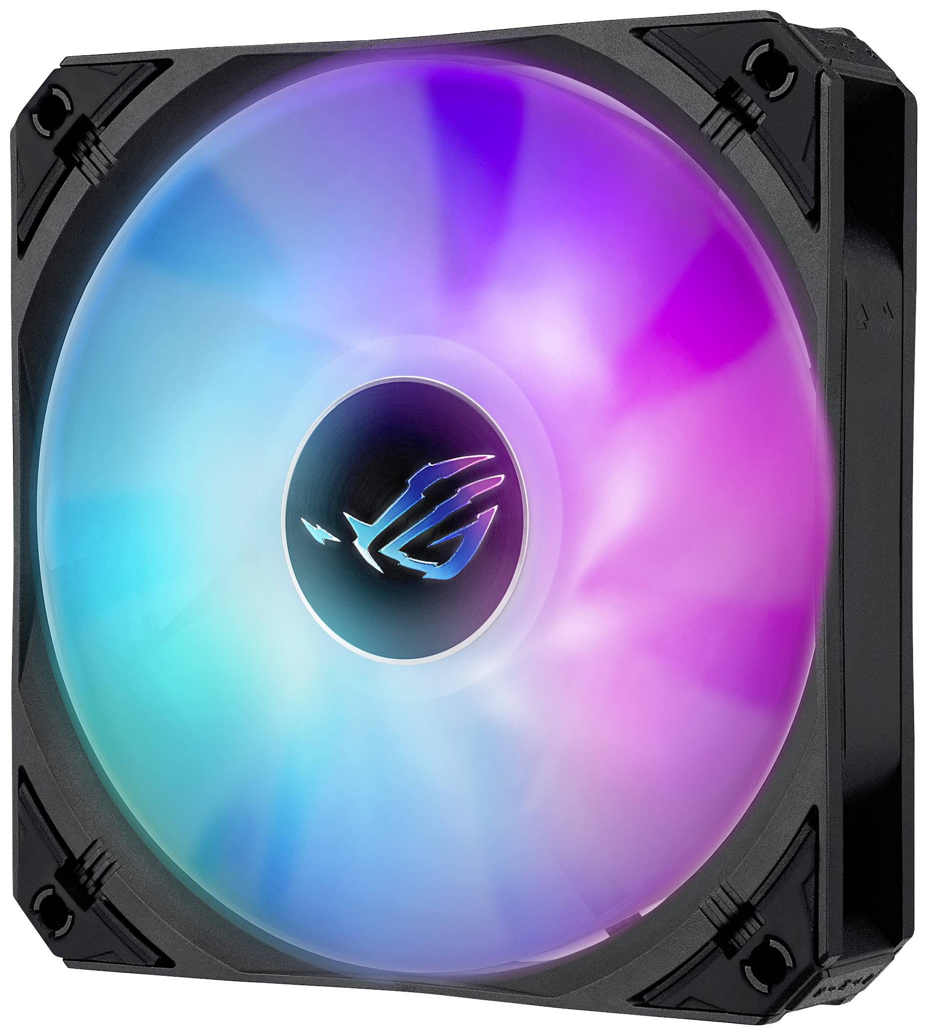 Computer-Lüfter mit bunten LED-Lichtern, die in einem Farbverlauf von Blau zu Rosa leuchten.