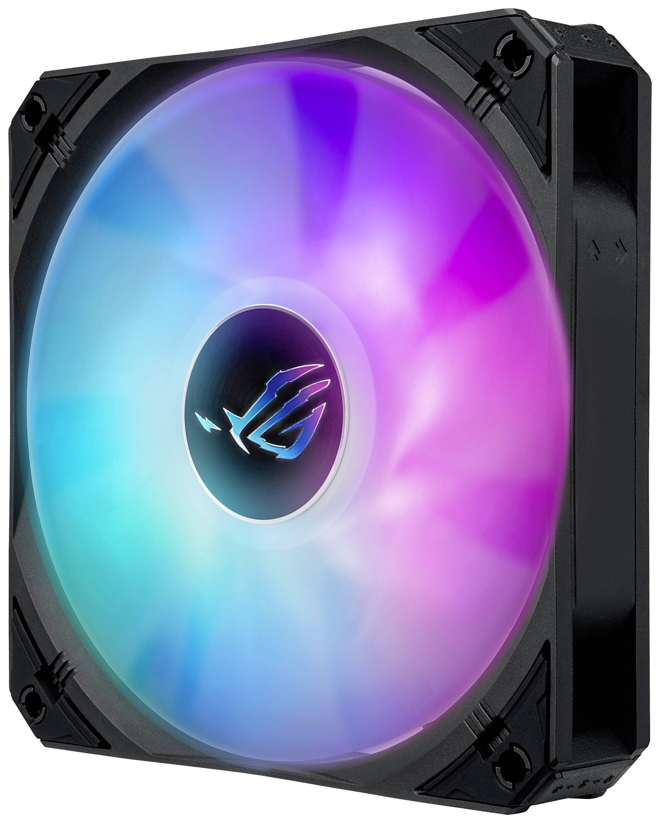 Ein Computerlüfter mit RGB-Beleuchtung in verschiedenen Farben, von Blau bis Rosa. Der Lüfter hat ein kreisförmiges Design mit einem zentralen Logo.