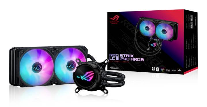 Flüssigkeitskühlungssystem ROG Strix LC II 240 ARGB von ASUS mit RGB-LED-Beleuchtung, zwei Lüftern und Pumpe, auf weißem Hintergrund.