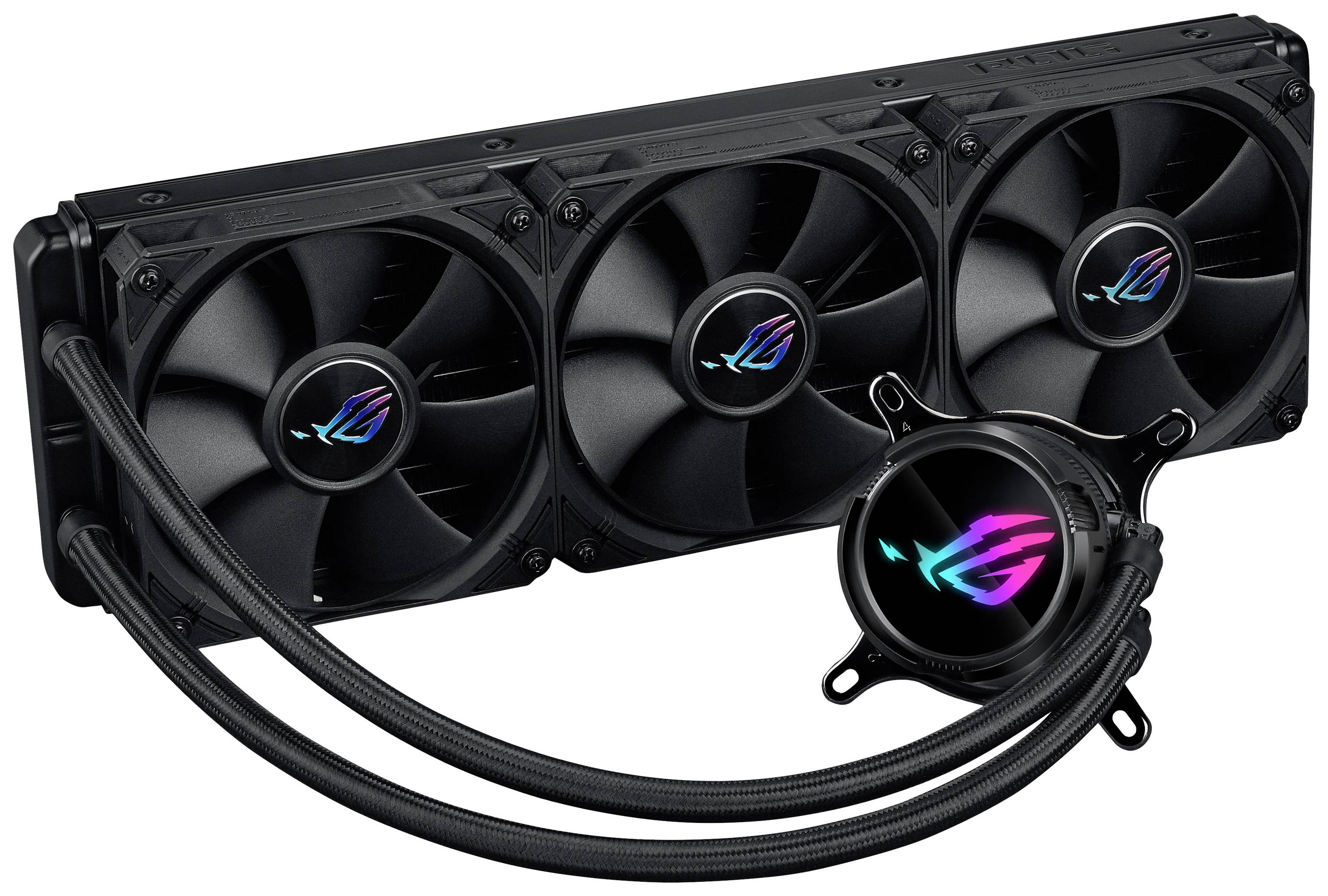 Ein schwarz glänzender, dreifacher Kühler mit RGB-Beleuchtung und Schläuchen, der zur Kühlung von Computerprozessoren dient.