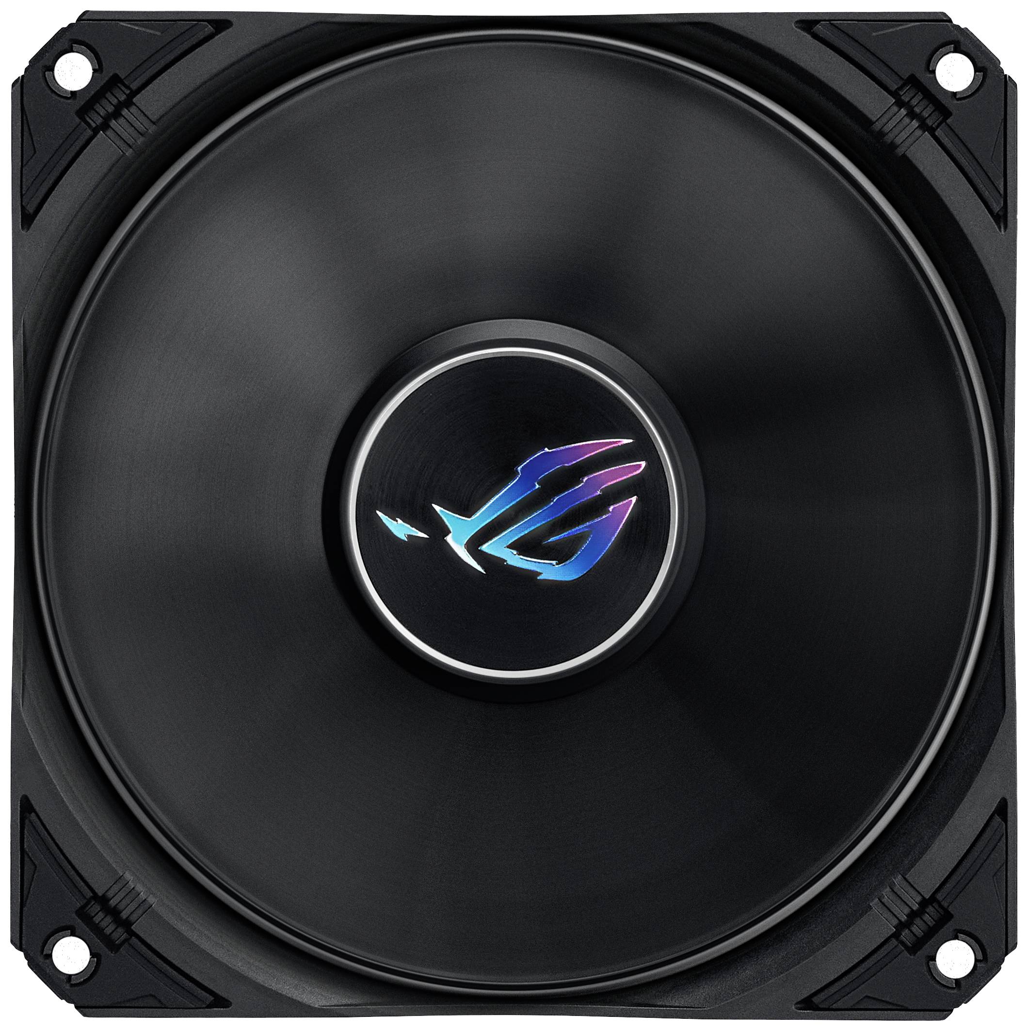 Ein schwarzer Computerlüfter mit einem leuchtenden Logo in der Mitte, das ein stilisiertes 'JG' zeigt.