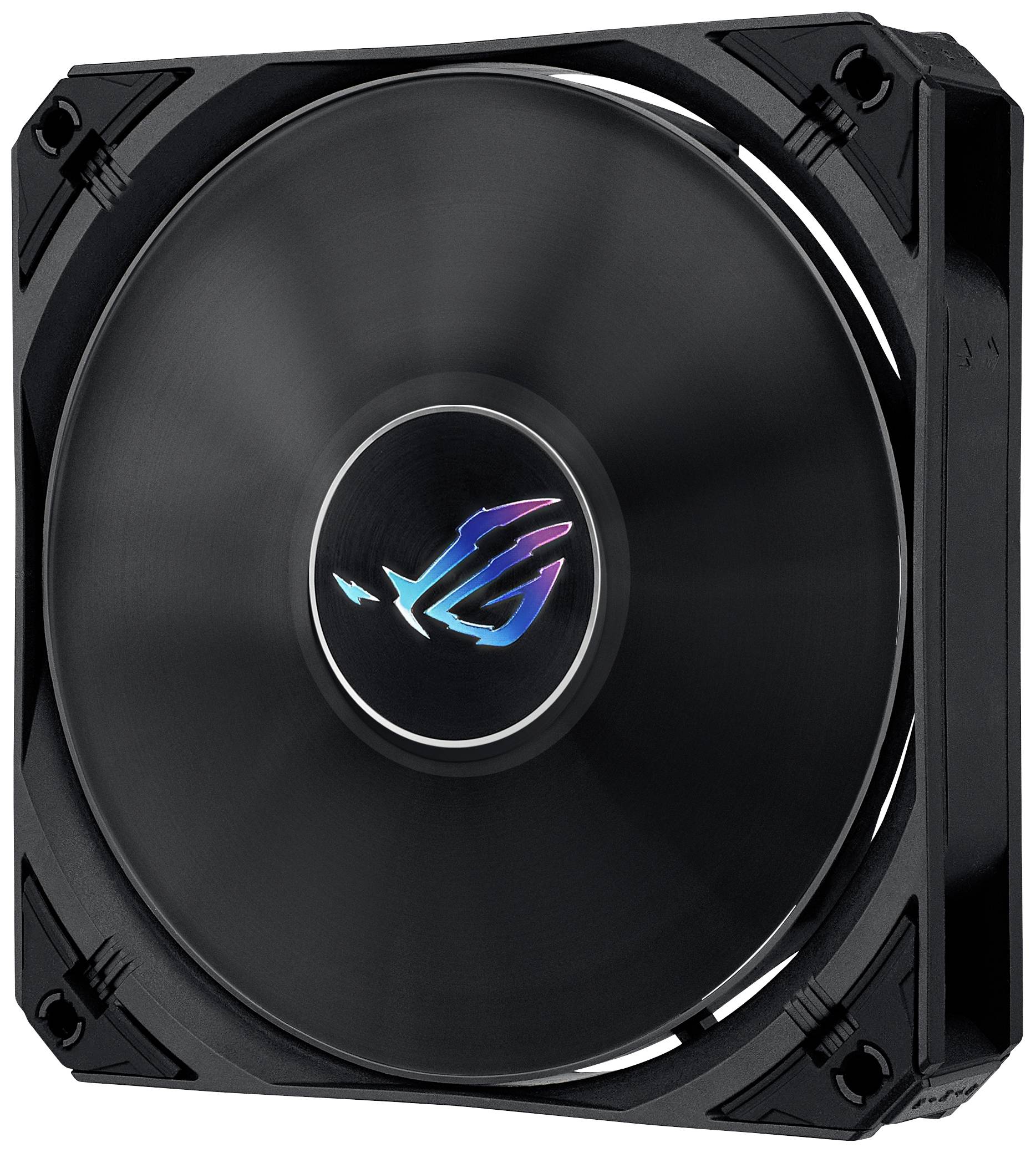 Schwarzer Computerlüfter in Bewegung mit leuchtendem Logo in der Mitte.